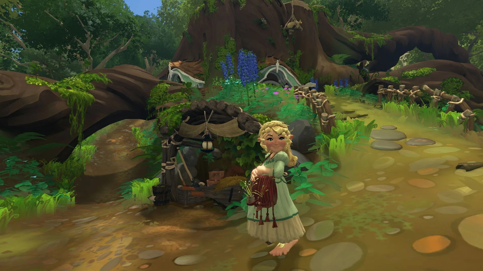 Một Hobbit đang câu cá bên bờ sông trong Tales of the Shire, minh họa hoạt động giải trí chính của game.