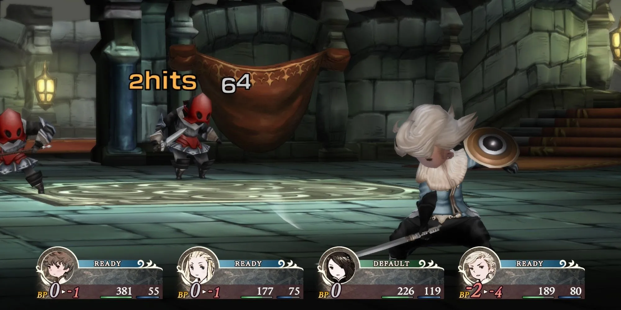 Một khoảnh khắc chiến đấu khác trong Bravely Default HD, hiển thị hiệu ứng kỹ năng và HP/MP của nhân vật.