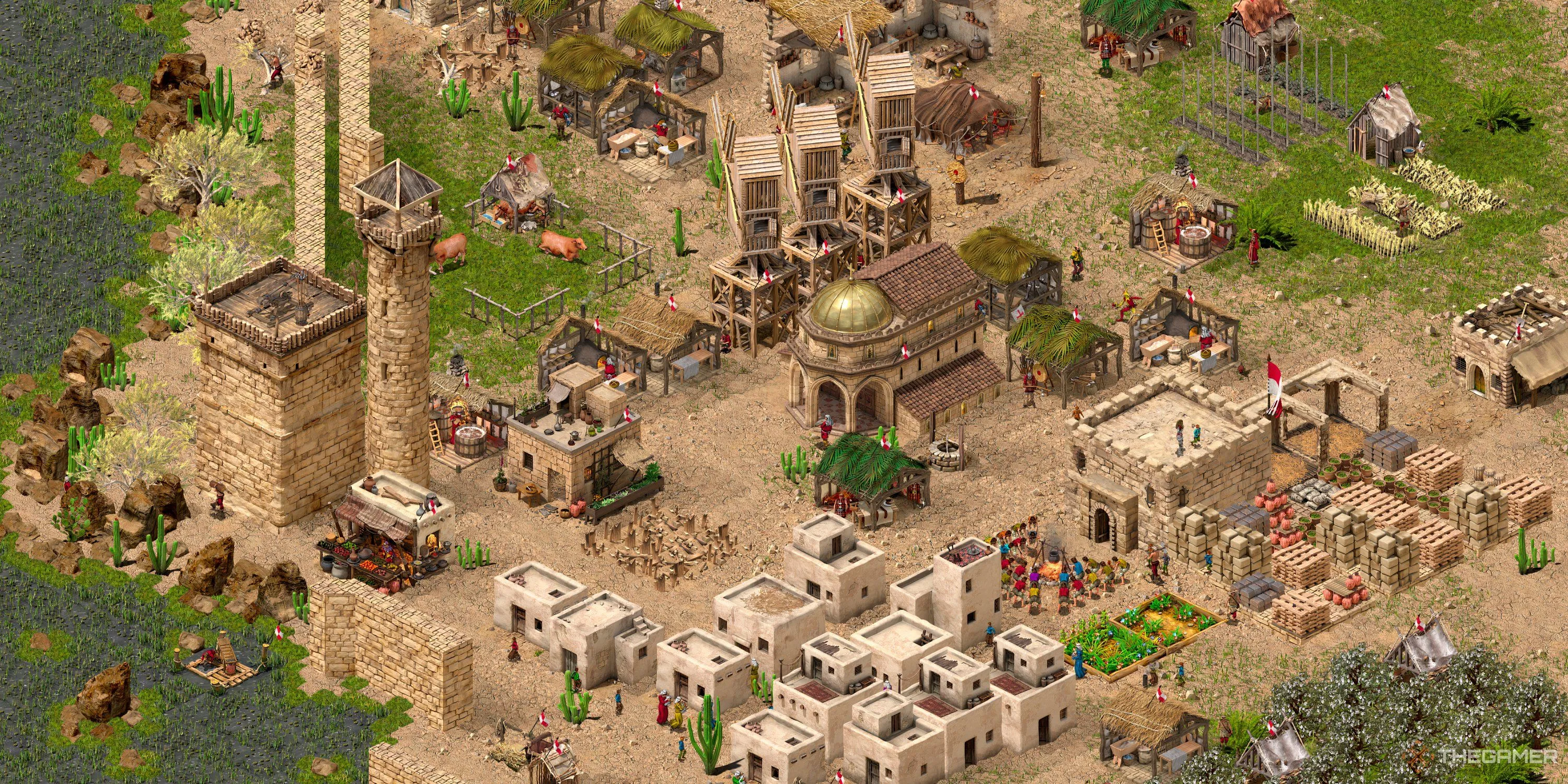 Một pháo đài đang phát triển với kiến trúc cơ bản trong Stronghold Crusader Definitive Edition.