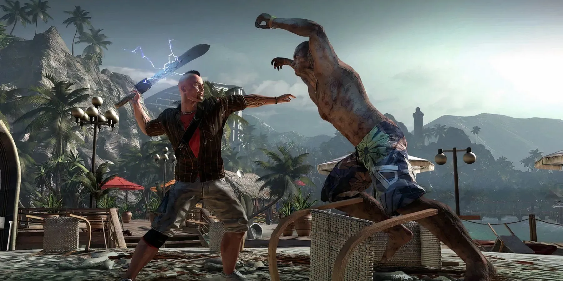 Một trong những người sống sót trong Dead Island 2 đang tấn công zombie bằng vũ khí sắc bén tương tự dao phay.