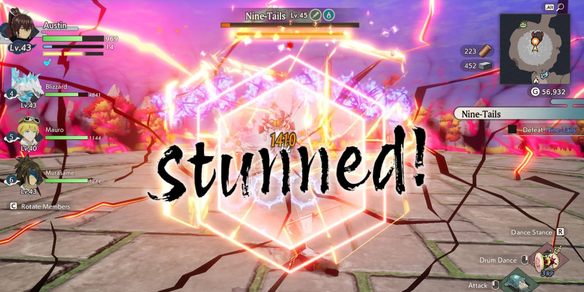 Người chơi làm choáng trùm Cửu Vĩ Hồ (Nine-Tails) trong game Rune Factory: Guardians of Azuma.