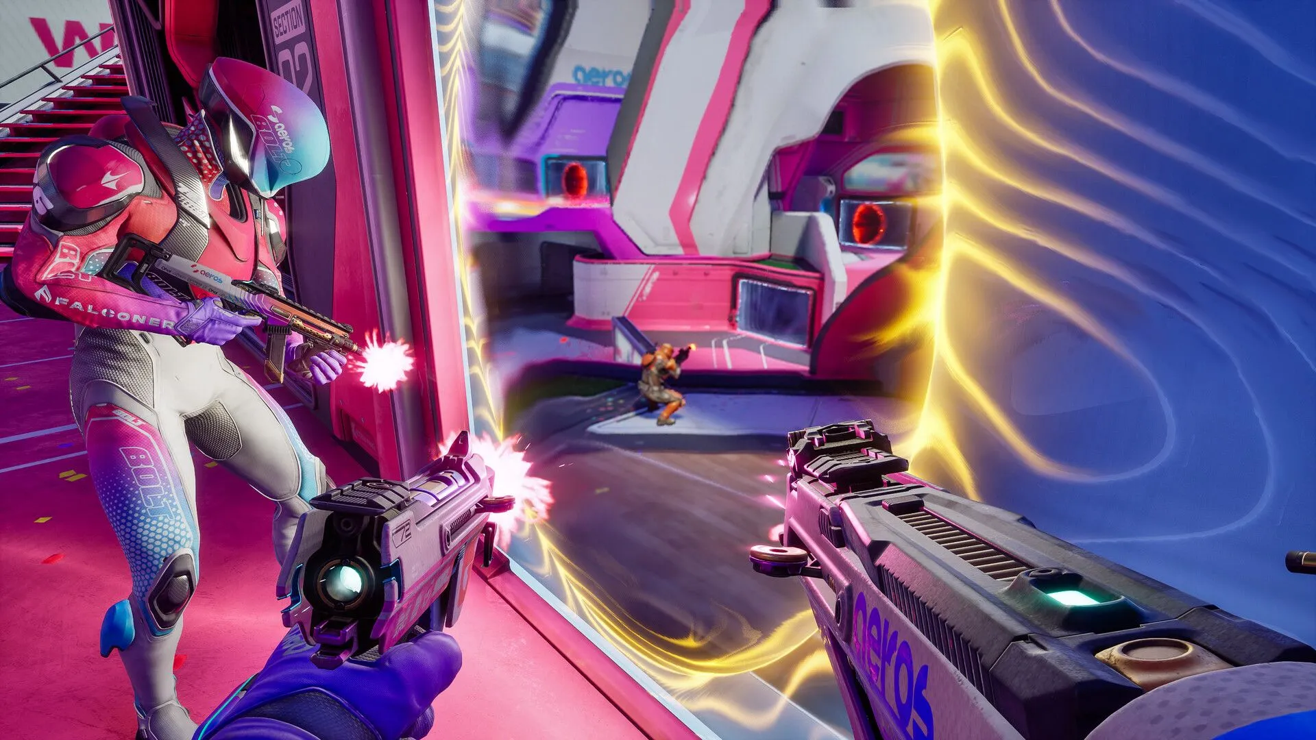 Nhân vật game thủ sử dụng cổng dịch chuyển trên bản đồ Splitgate 2, thể hiện cơ chế chiến đấu đặc trưng