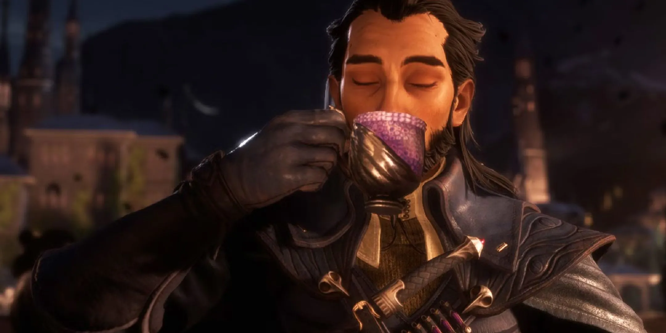 Nhân vật Lucanis trong Dragon Age The Veilguard đang thưởng thức cà phê, liên hệ máy pha espresso gamer.