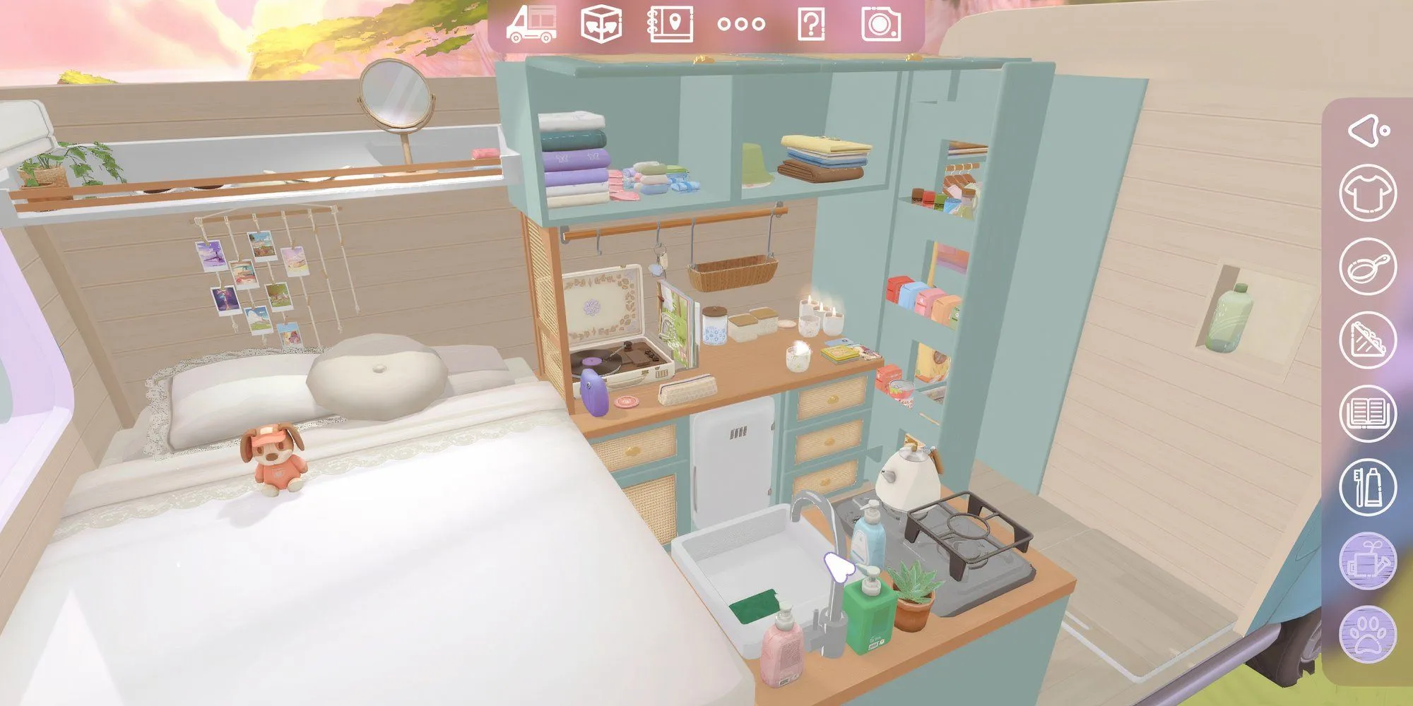 Nội thất camper van được sắp xếp gọn gàng, thể hiện sự hài lòng trong lối chơi game Camper Van Make it Home