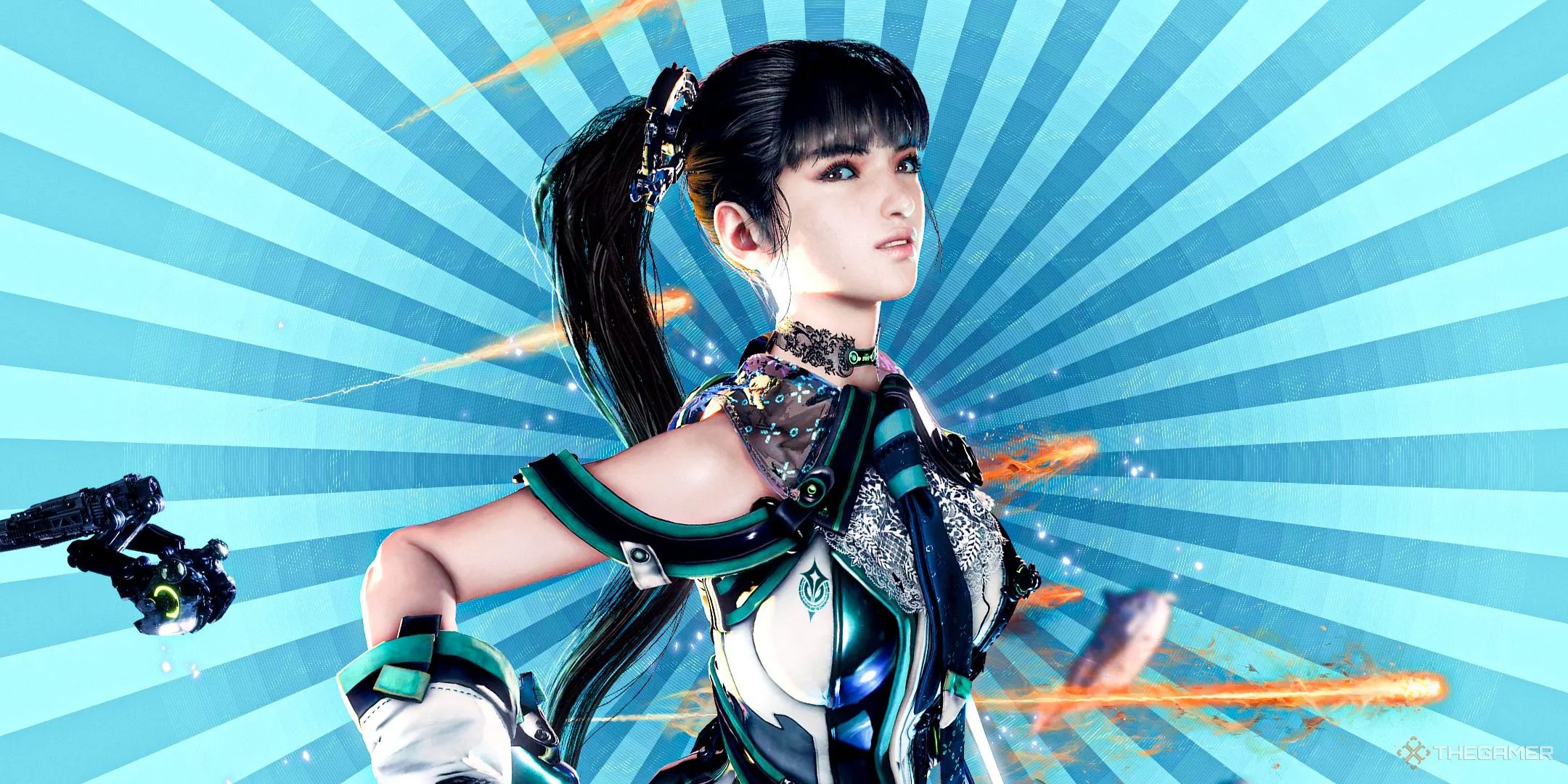 Nữ chiến binh Eve từ Stellar Blade đứng trên nền xanh huyền bí, biểu tượng của tựa game hành động.