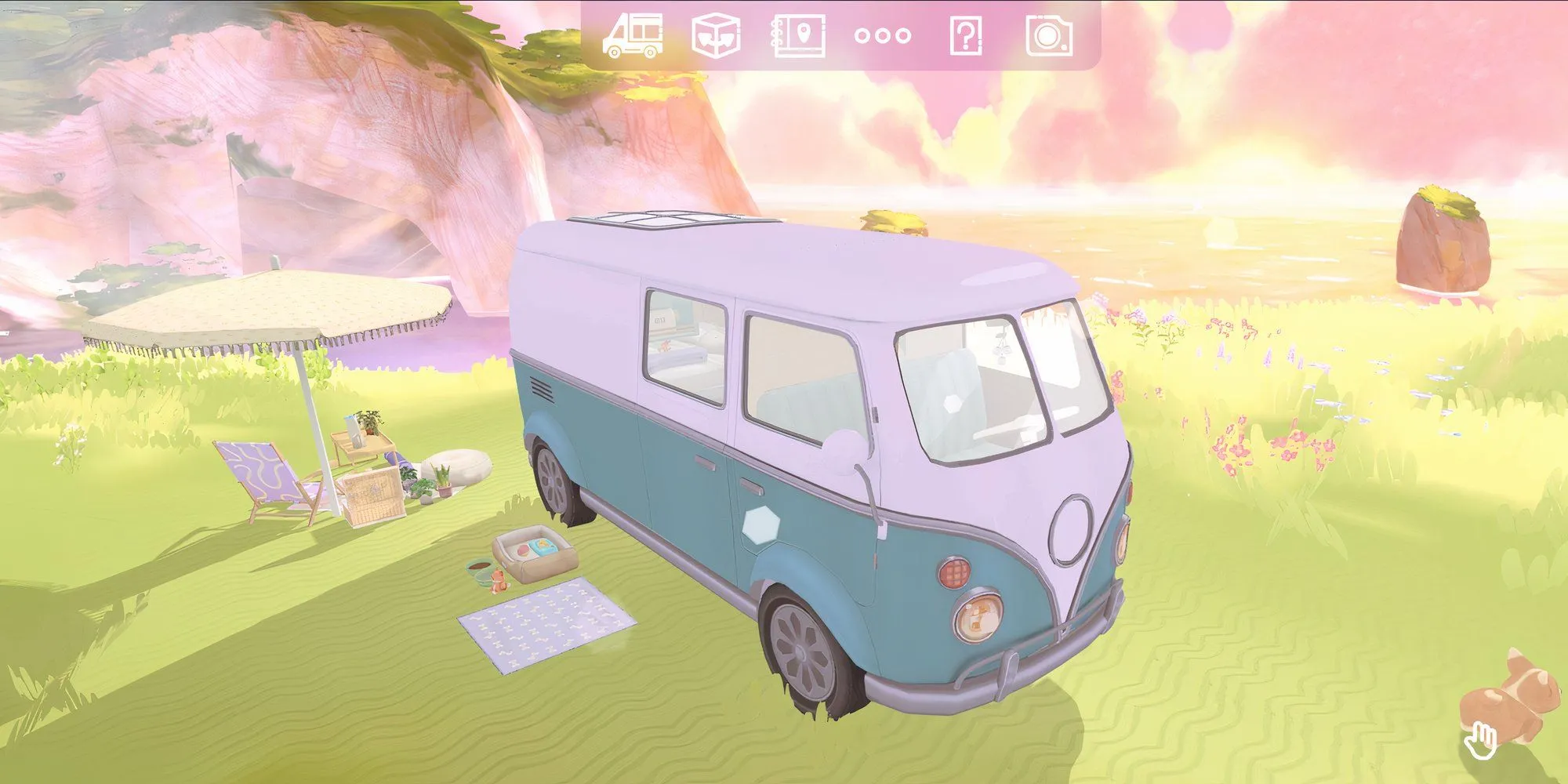Sắp xếp nội thất chiếc camper van màu xanh bên vách đá trong game Camper Van Make it Home