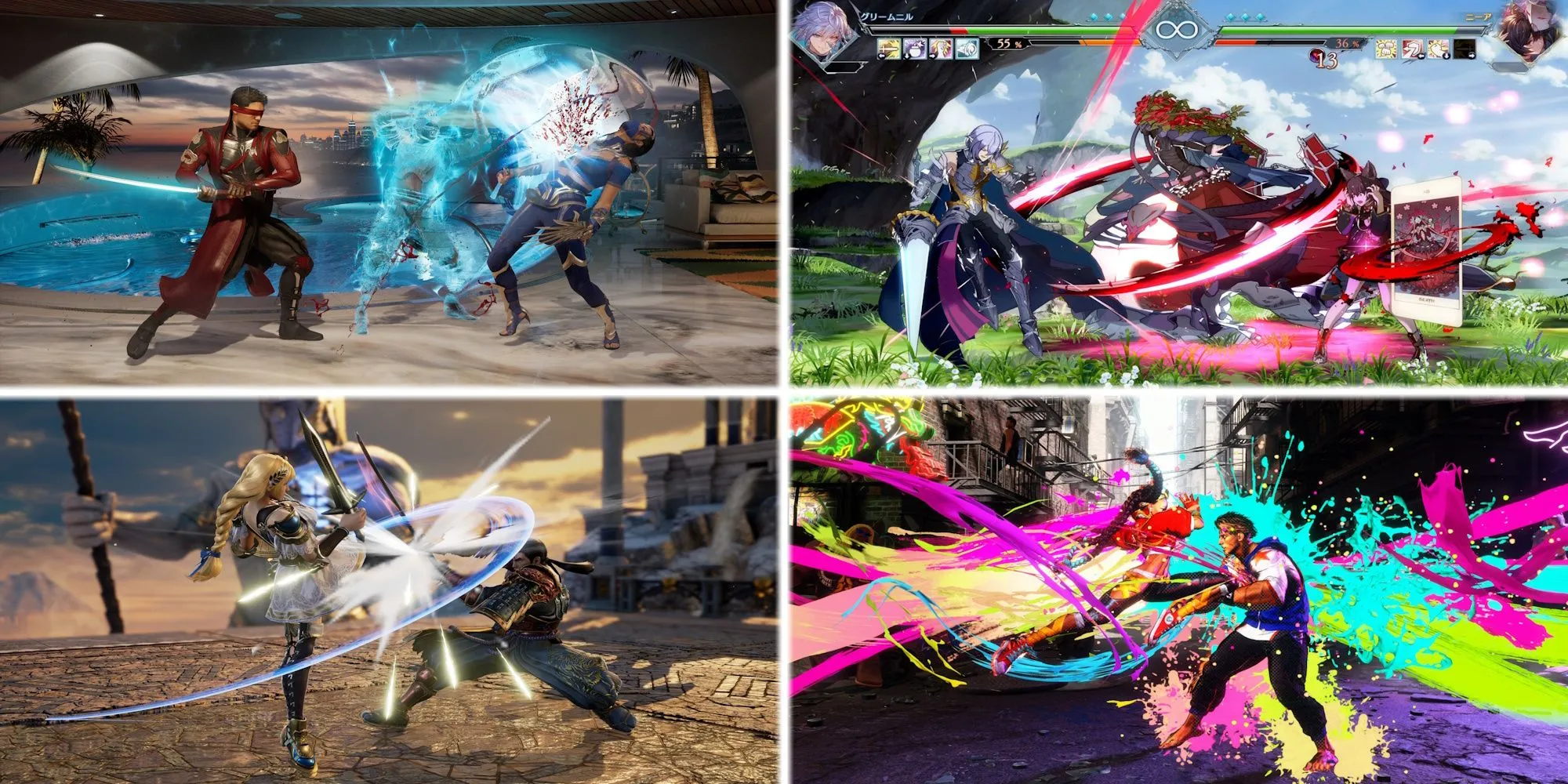 Tổng hợp các tựa game đối kháng phổ biến bao gồm Mortal Kombat 1, Granblue Fantasy Versus, Soulcalibur VI và Street Fighter 6.