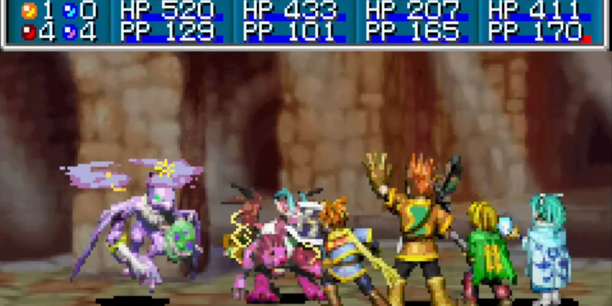 Cảnh chiến đấu phép thuật và Djinn trong game Golden Sun kinh điển