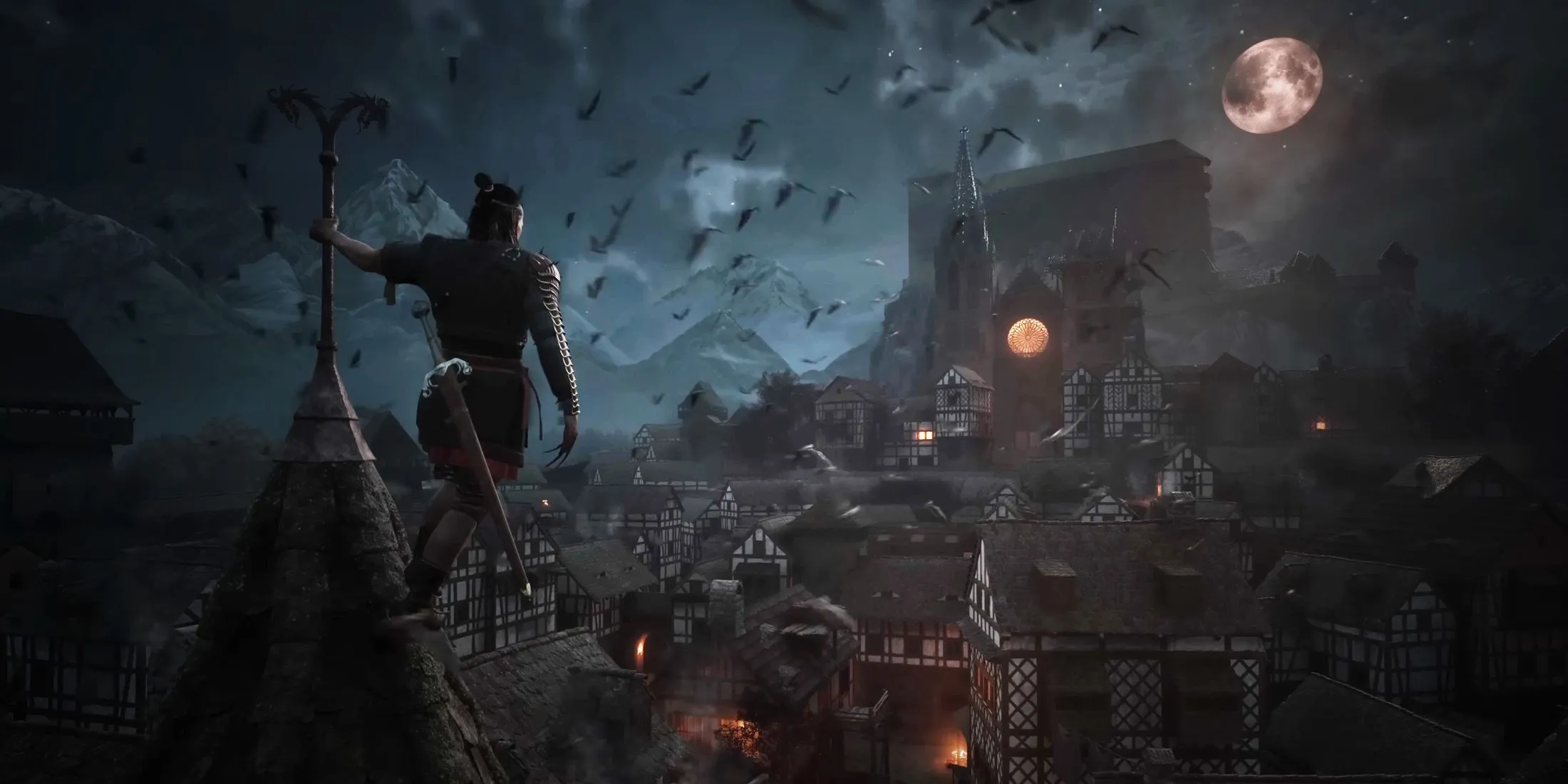 Cảnh thành phố thời trung cổ vào ban đêm trong Blood of Dawnwalker
