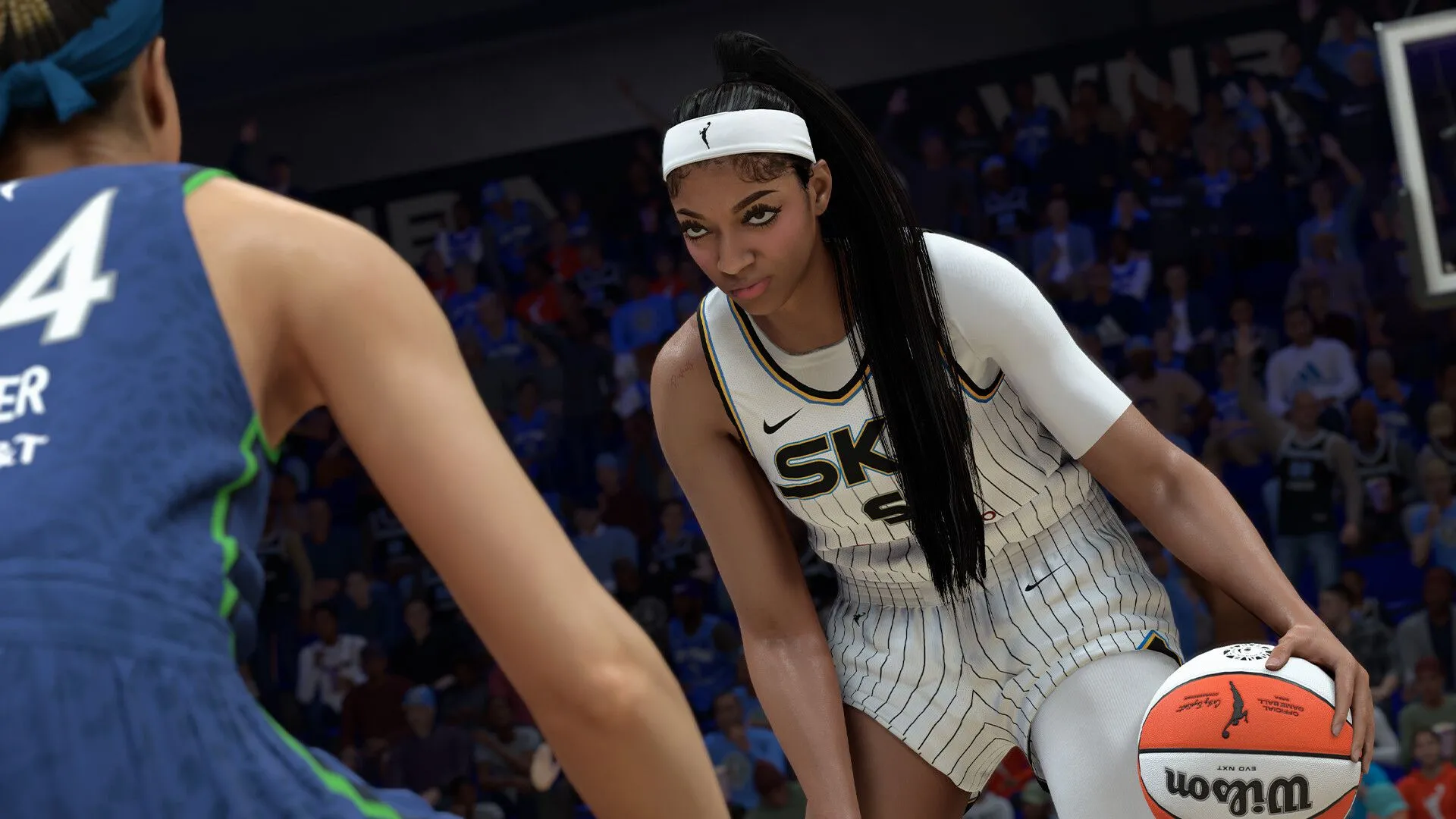 Cảnh thi đấu mãn nhãn trong NBA 2K, thể hiện chuyển động và đồ họa chân thực của các cầu thủ.