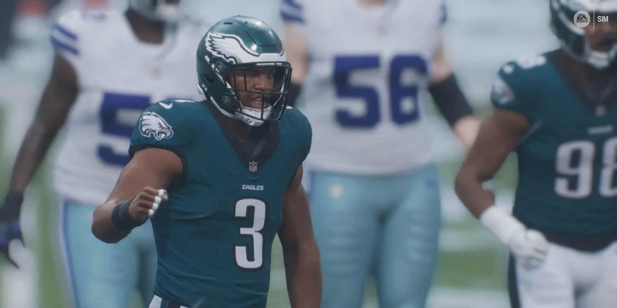 Cầu thủ Eagles mạnh mẽ lao vào trận đấu trong Madden NFL, thể hiện sự cạnh tranh khốc liệt của bóng bầu dục Mỹ.