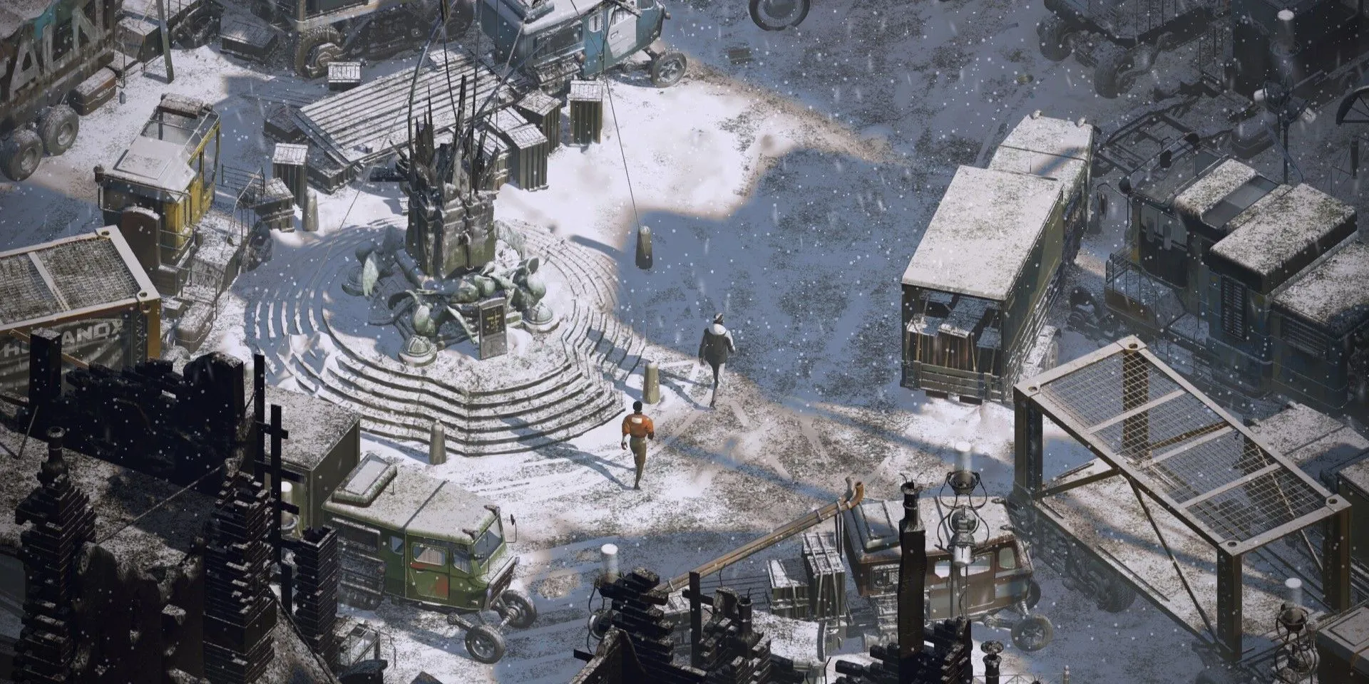 Disco Elysium cảnh quan Martinaise với nhân vật Harry