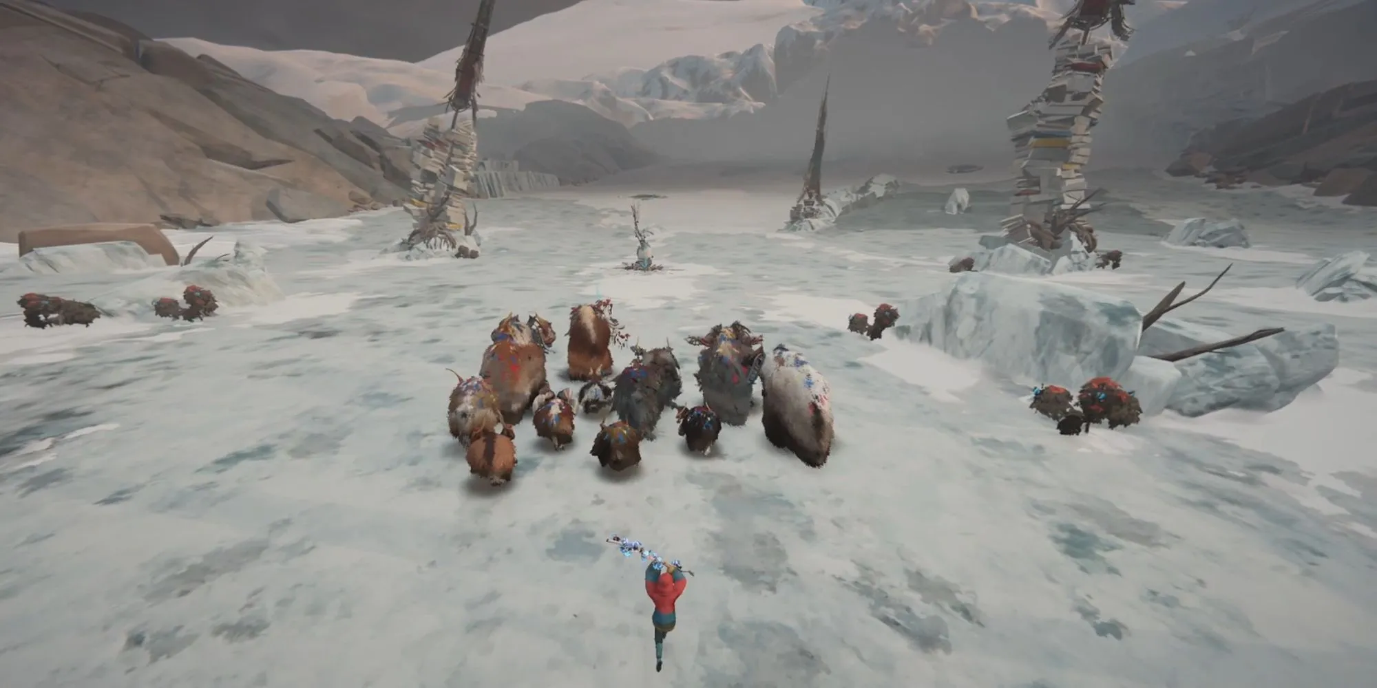 Đội hình Calicorn đang theo chân người chơi trên hành trình khám phá thế giới Herdling, minh họa gameplay thu thập Calicorn.