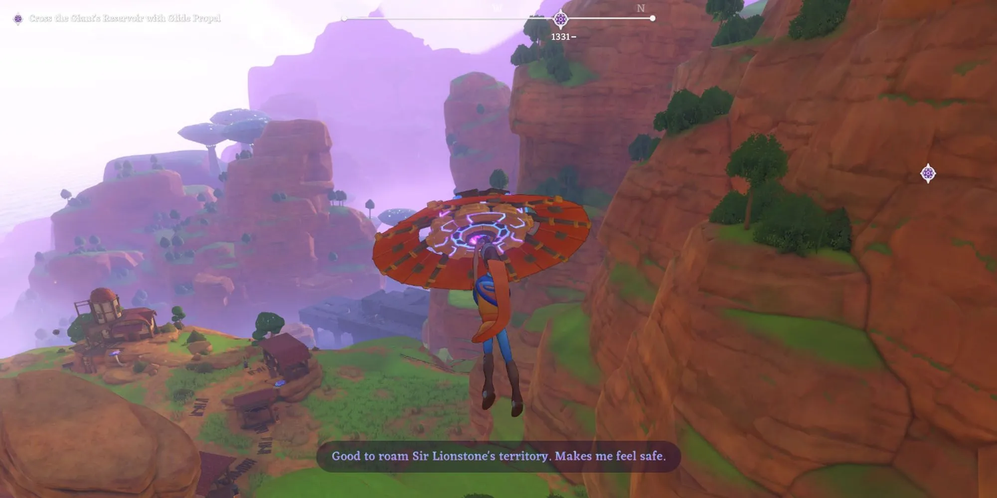 Game thủ The Knightling sử dụng Glide Propel lướt về phía tây từ cấu trúc đá, bay qua những cánh đồng xanh bát ngát.