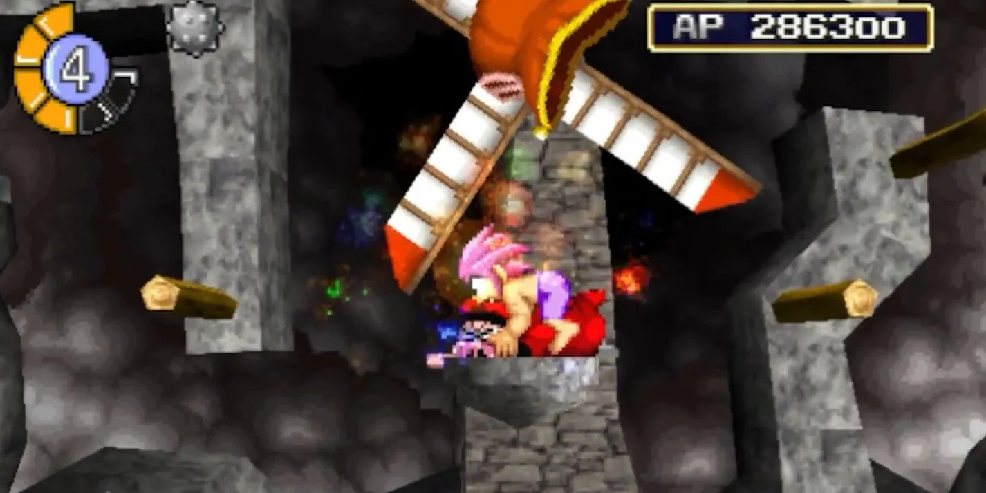 Gameplay Tomba! với nhân vật chính đang khám phá môi trường sống động, thể hiện cơ chế nhảy giữa tiền cảnh và hậu cảnh