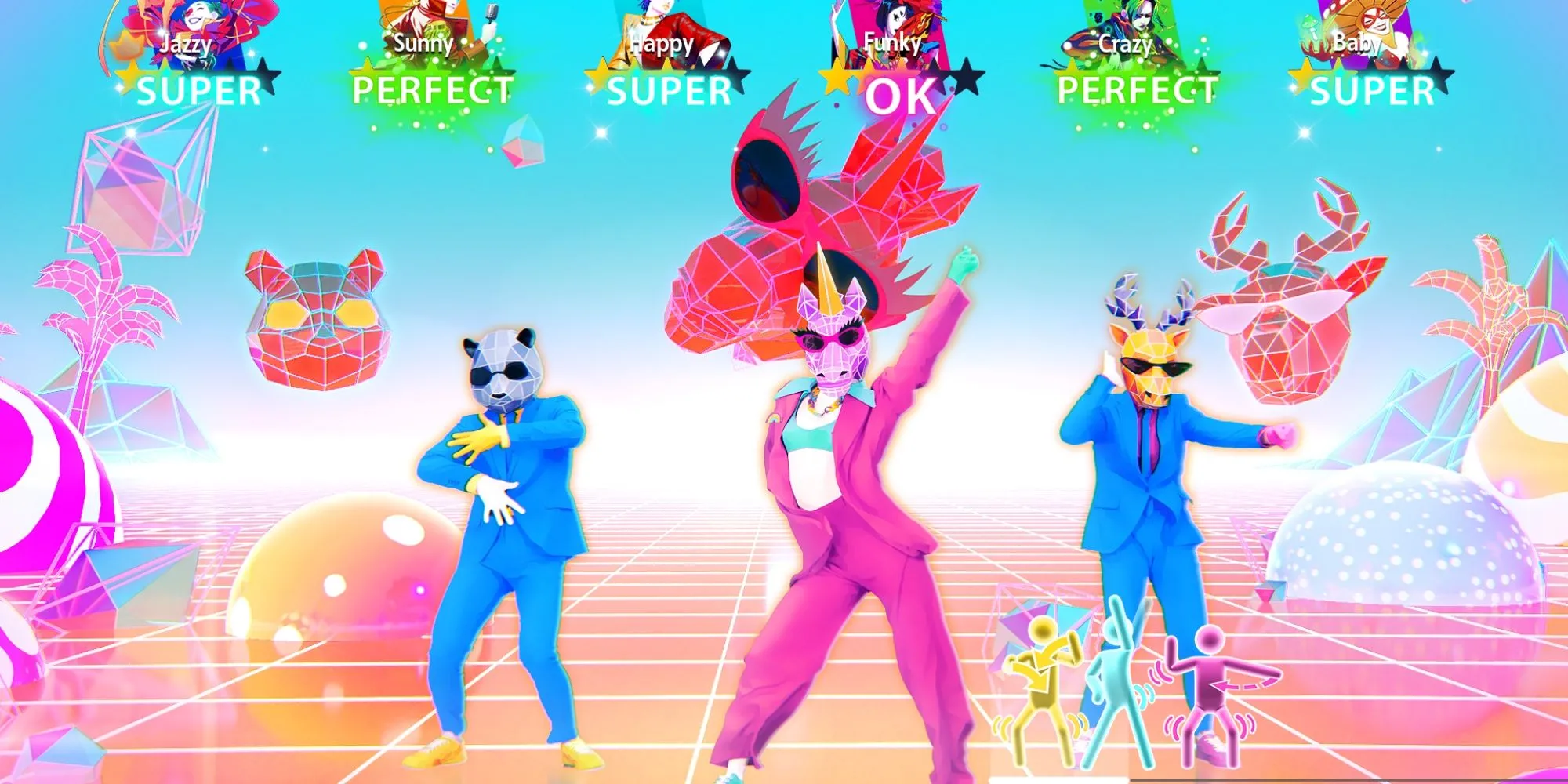Hình ảnh một màn nhảy sôi động trong Just Dance, với các vũ công và giao diện game đầy màu sắc.