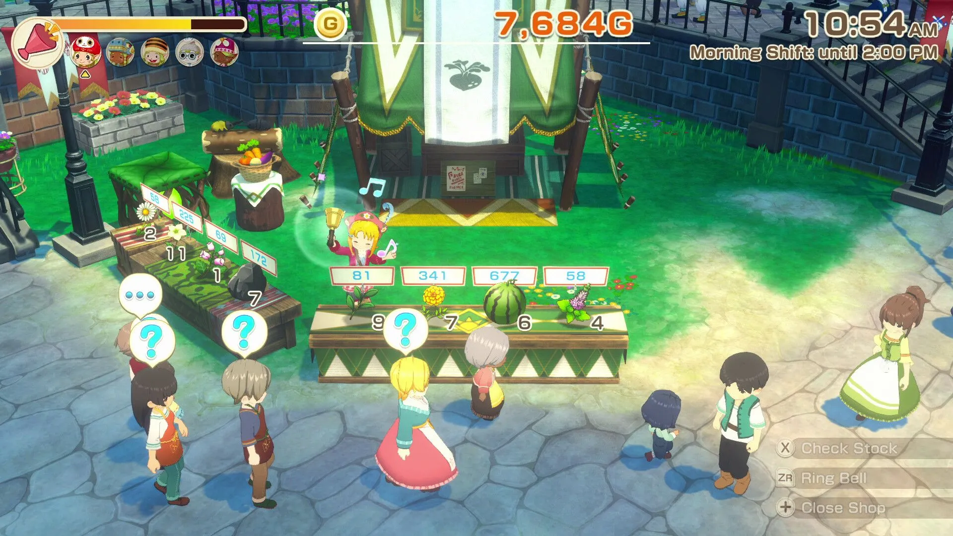 Hình ảnh nhân vật game đang tương tác với một người bán hàng trong khu chợ sầm uất.