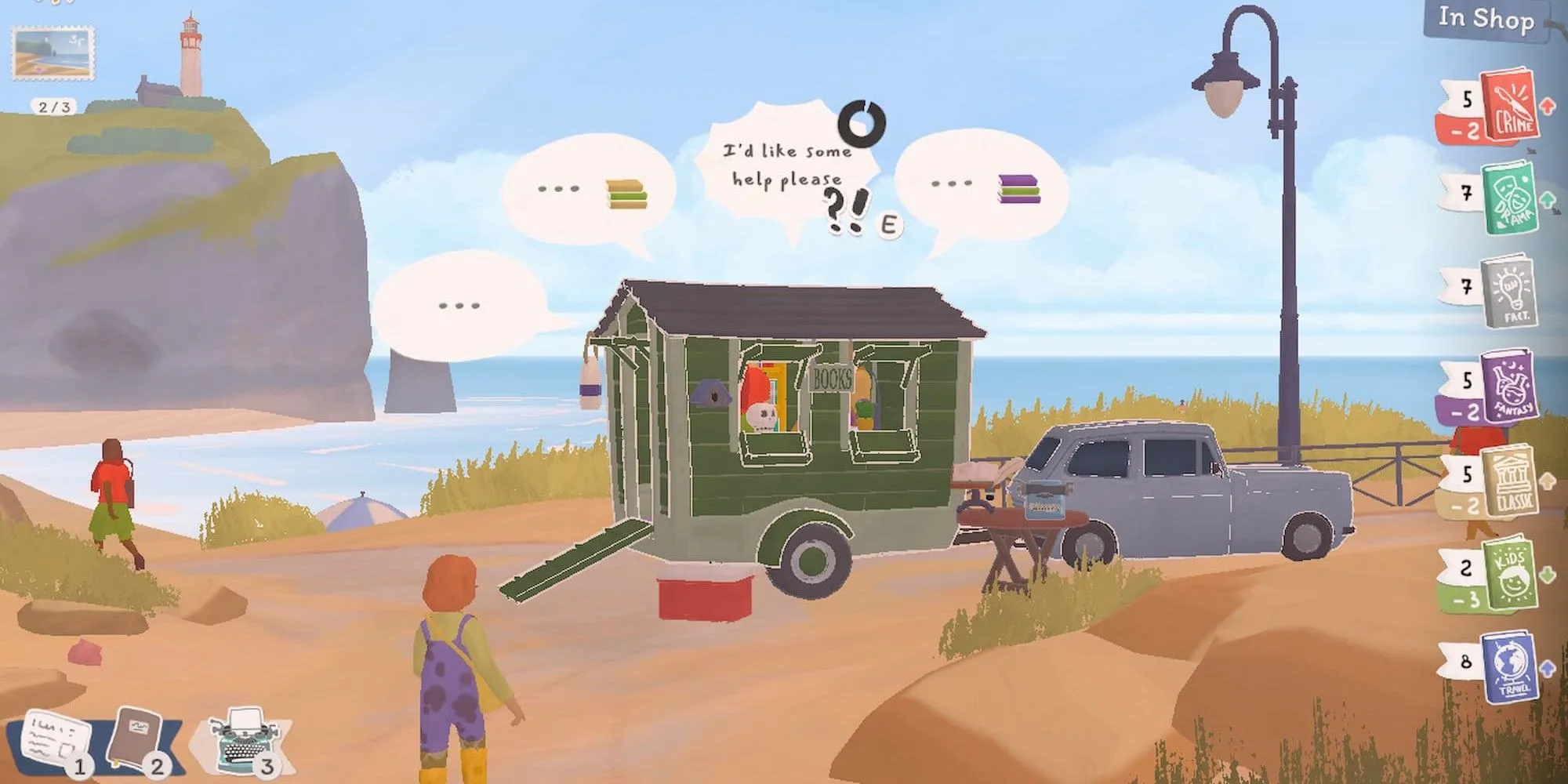 Khách hàng trên bãi biển hỏi tìm sách từ xe bán sách trong game Tiny Bookshop