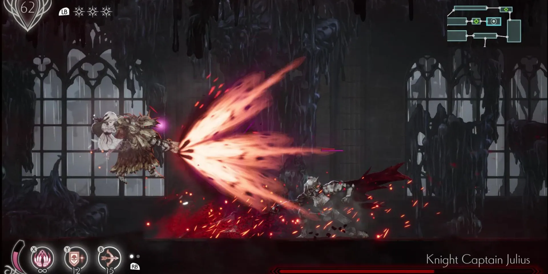 Lily và các linh hồn chiến đấu với Knight Captain Julius trong Ender Lilies, thể hiện gameplay hành động và khả năng triệu hồi linh hồn
