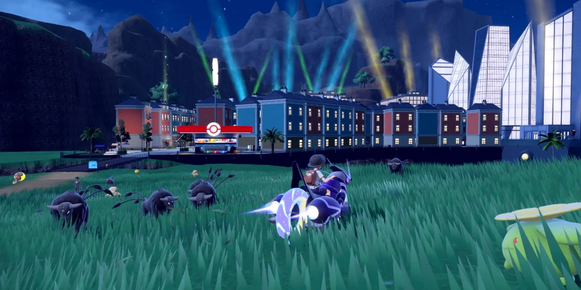 Màn hình game Pokémon Scarlet and Violet, hiển thị phong cách đồ họa mở và các Pokémon đặc trưng.