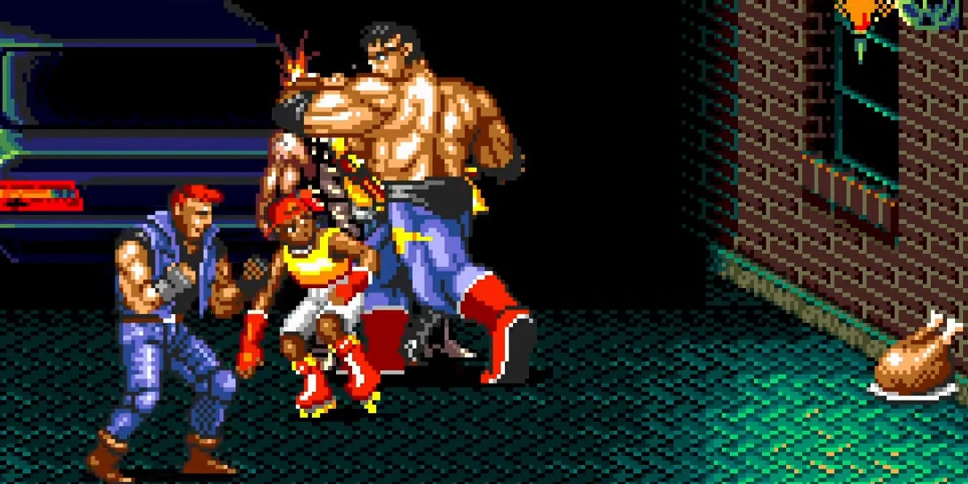 Max và Skate phối hợp chiến đấu trên đường phố trong Streets of Rage 2, khung cảnh đầy kịch tính