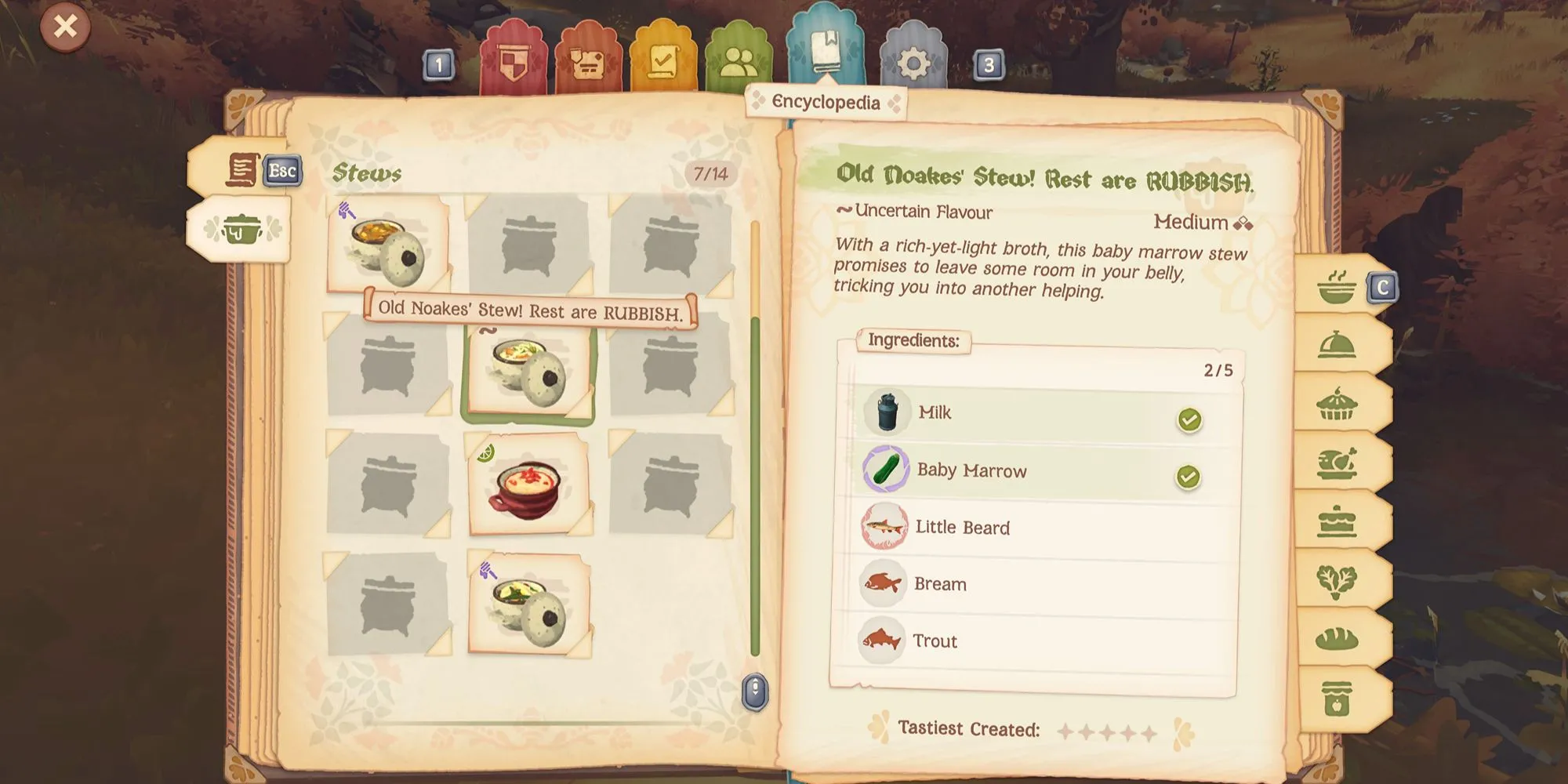 Món hầm 'Old Noakes' Stew' với tên gọi hài hước, minh họa hệ thống công thức của Tales of the Shire