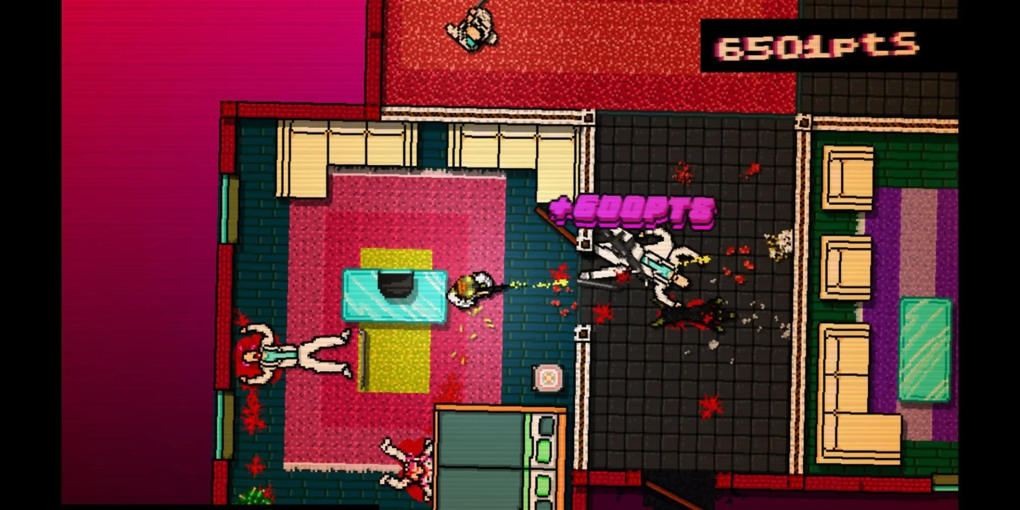 Một cảnh hành động bạo lực và đầy phong cách trong Hotline Miami, với nhân vật chính đang tấn công kẻ thù