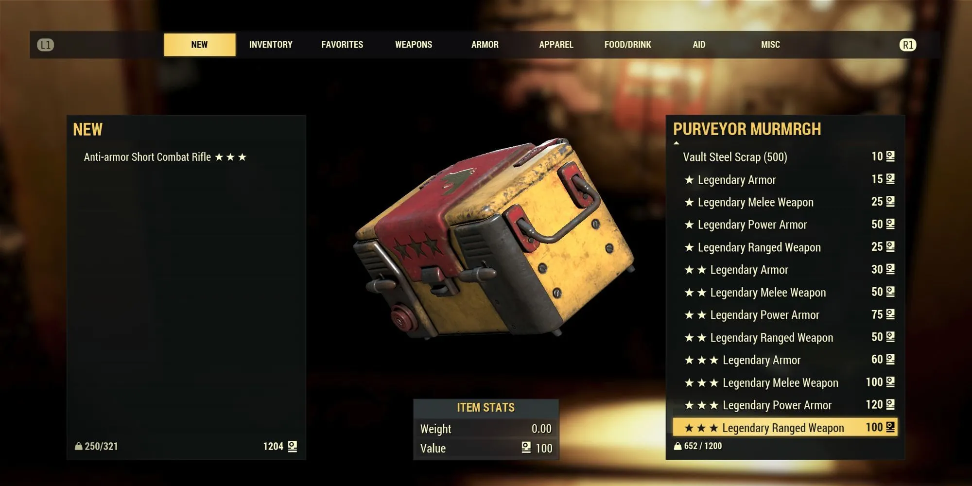 Người chơi Fallout 76 giao dịch với Murmrgh tại Rusty Pick, sử dụng Scrip để mua đồ Legendary mới.