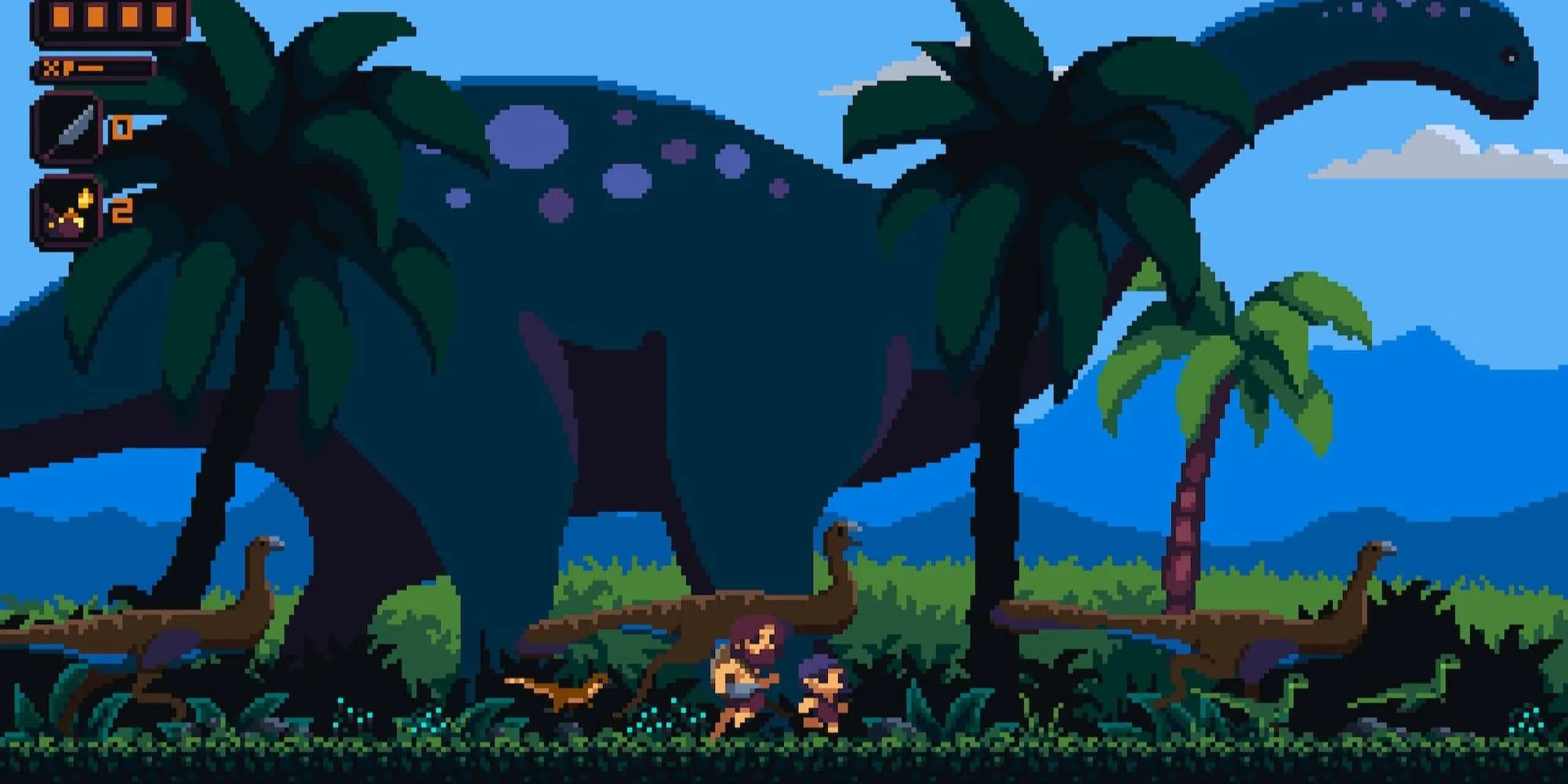 Nhân vật chạy cùng khủng long trong Primal Planet, tựa game Metroidvania co-op đầy thử thách và sinh tồn