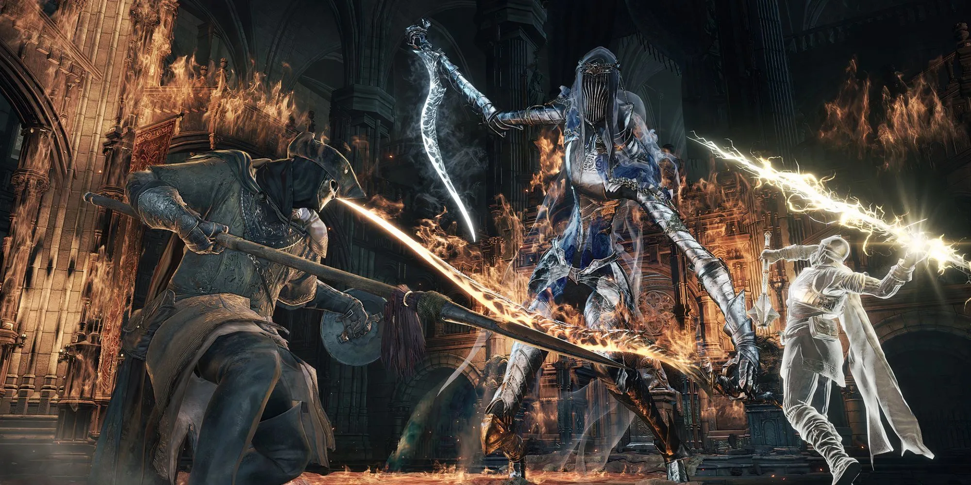 Nhân vật Hiệp Sĩ trong Dark Souls 3 dùng giáo và pháp sư đồng hành sử dụng phép sét đối đầu với boss Dancer of the Boreal Valley