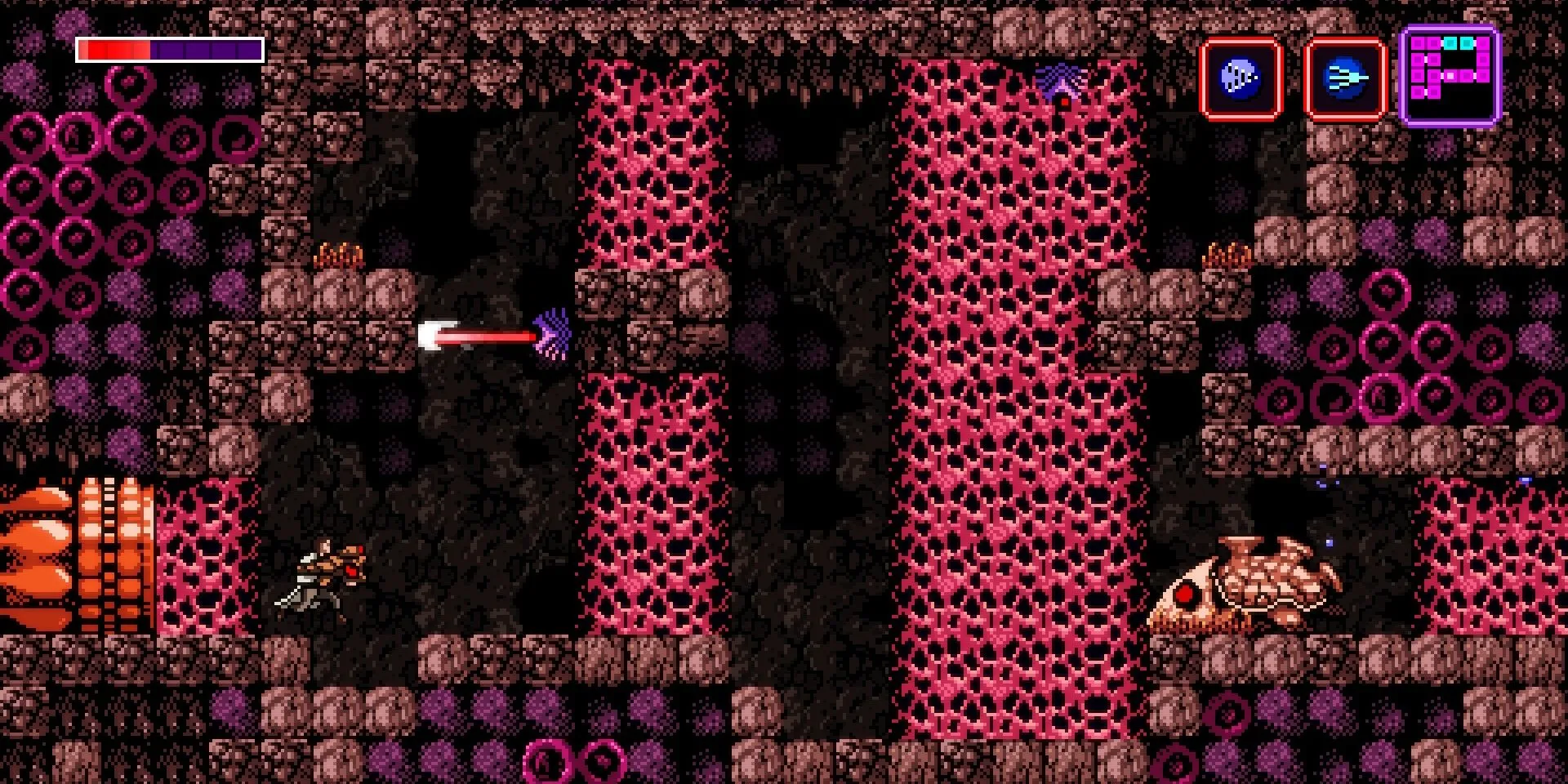 Những bức tường bí ẩn trong Axiom Verge, gợi mở khả năng thao túng môi trường game bằng glitch