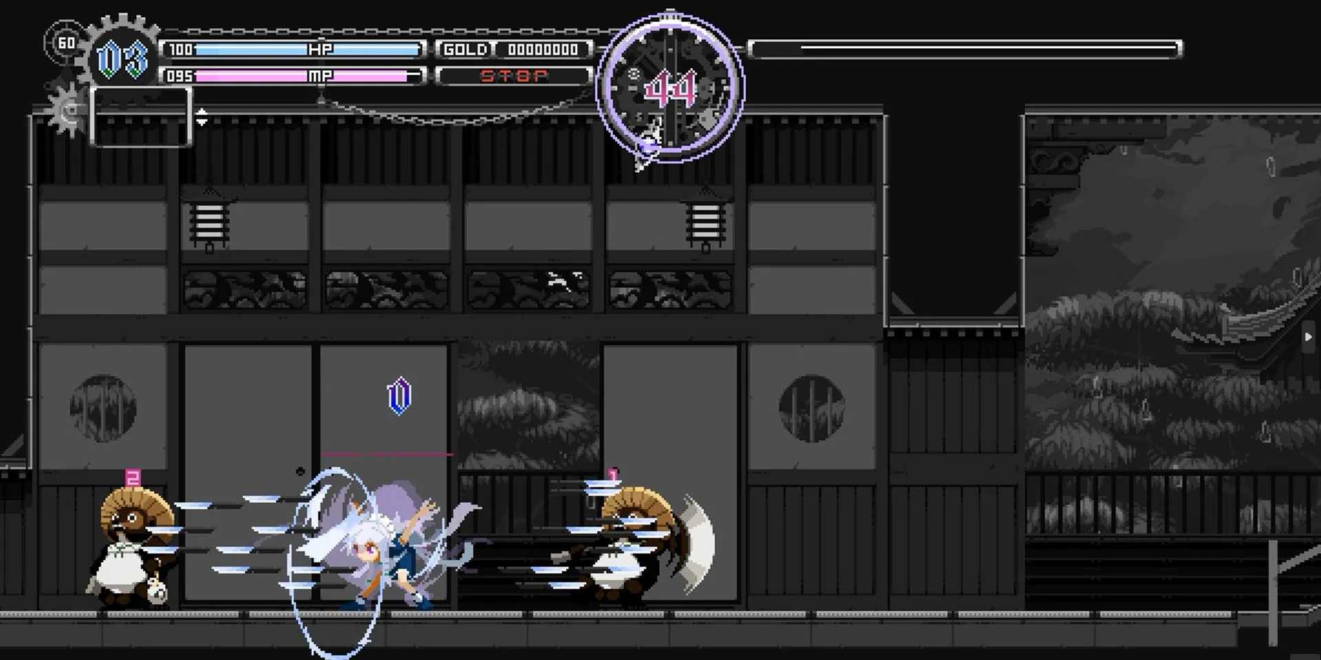 Sakuya Izayoi ném dao trong thời gian dừng lại trong Touhou Luna Nights, minh họa kỹ năng kiểm soát thời gian độc đáo