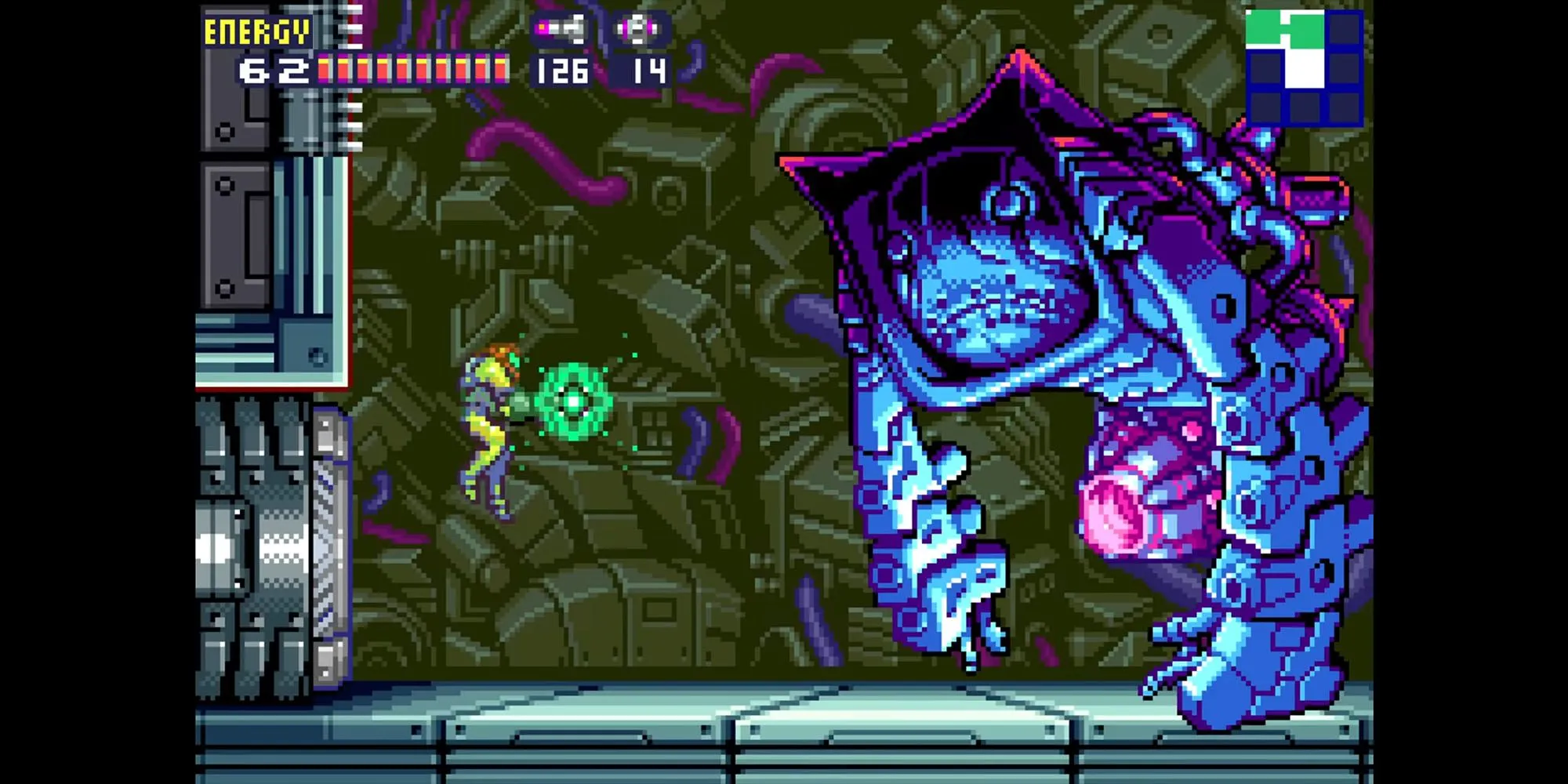 Samus Aran đối đầu trùm cuối trong Metroid Fusion trên GBA