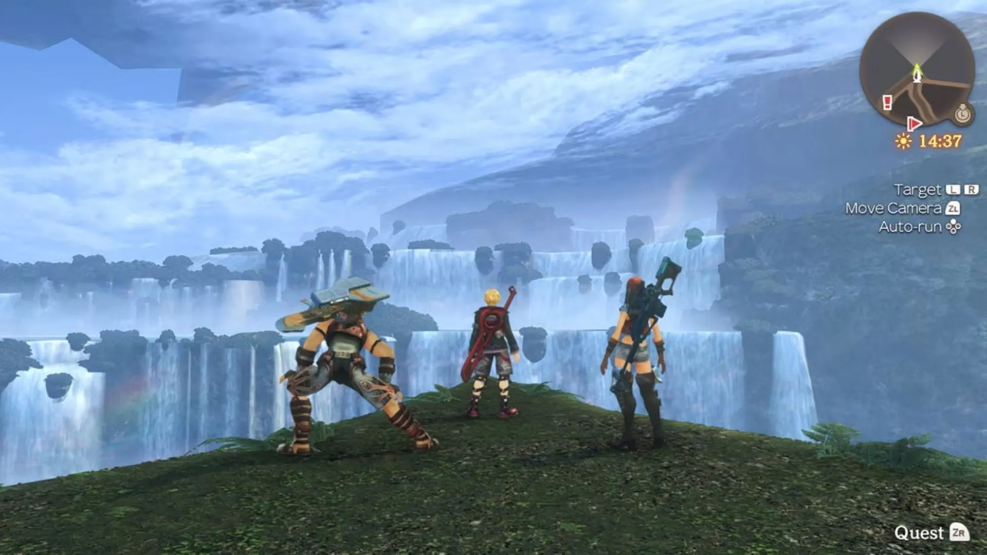 Shulk và đồng đội chiến đấu chống lại Mechon trong thế giới rộng lớn của Xenoblade Chronicles