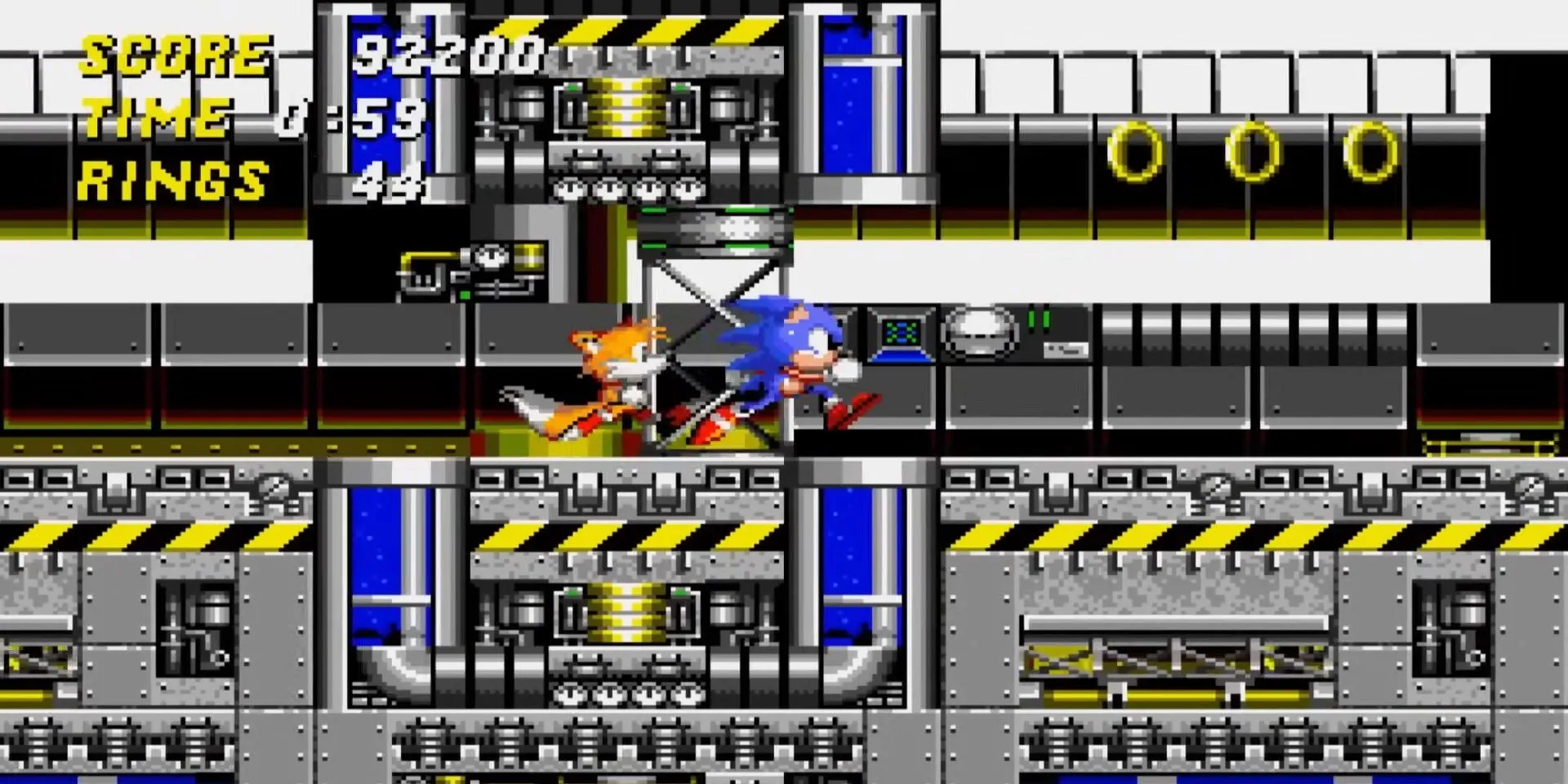 Sonic và Tails chạy đua qua Chemical Plant Zone trong Sonic the Hedgehog 2, hình ảnh biểu tượng của game