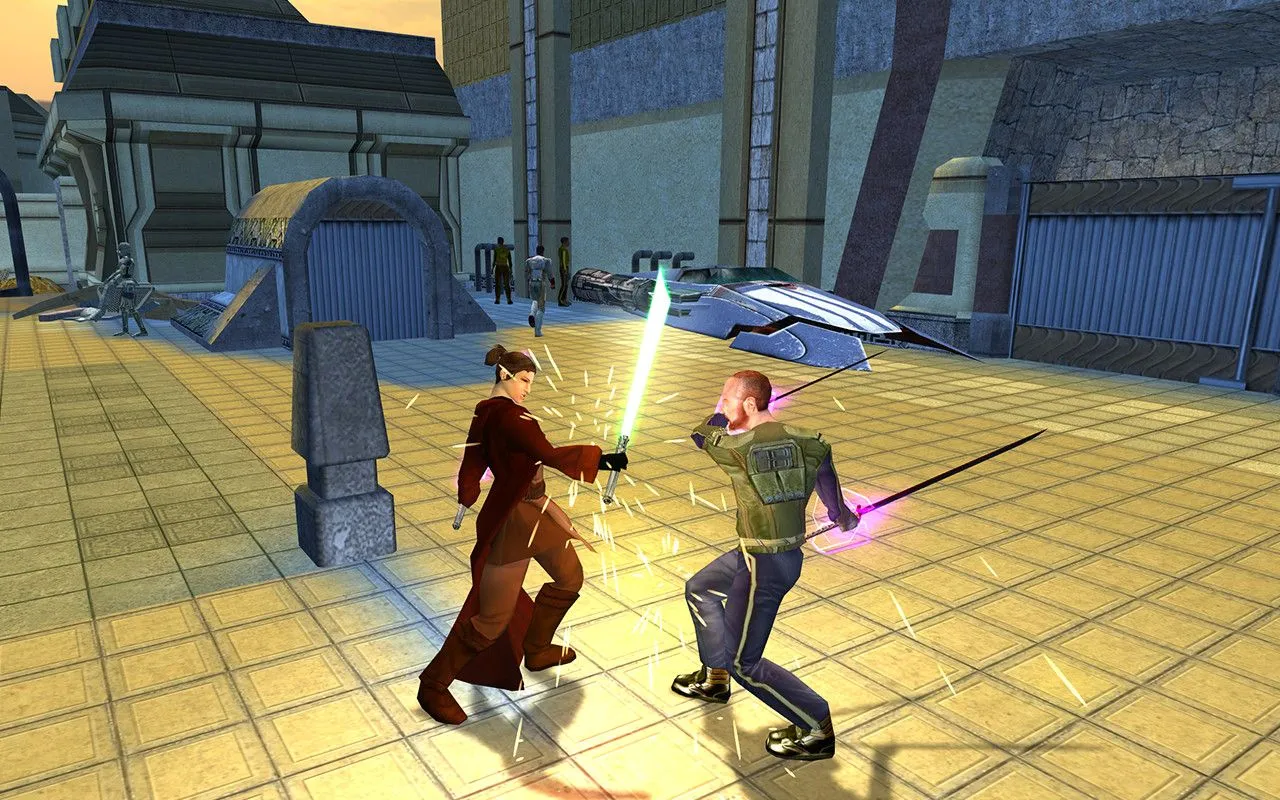 Star Wars Knights of the Old Republic 2, hiển thị cảnh chiến đấu giữa các nhân vật.