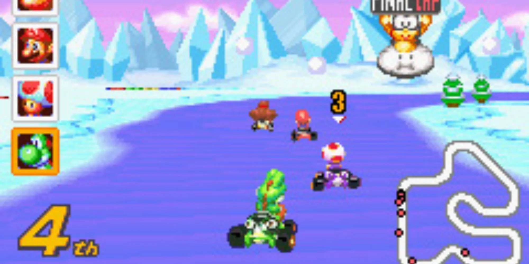 Yoshi, Toad, Mario và Donkey Kong đua xe trong Mario Kart: Super Circuit GBA