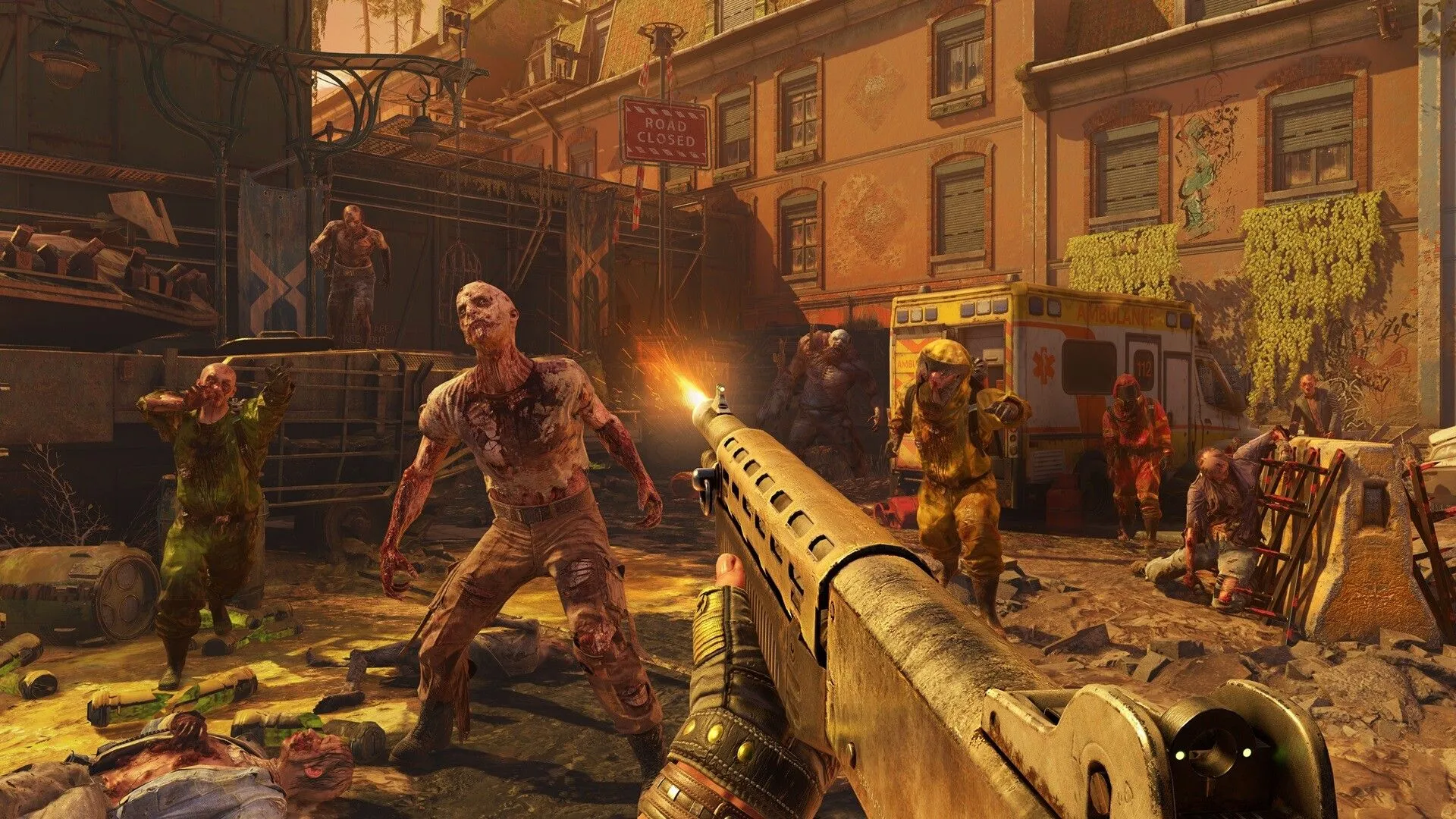 Ảnh chụp màn hình Dying Light 2, cảnh đô thị hoang tàn và công trình bật đèn