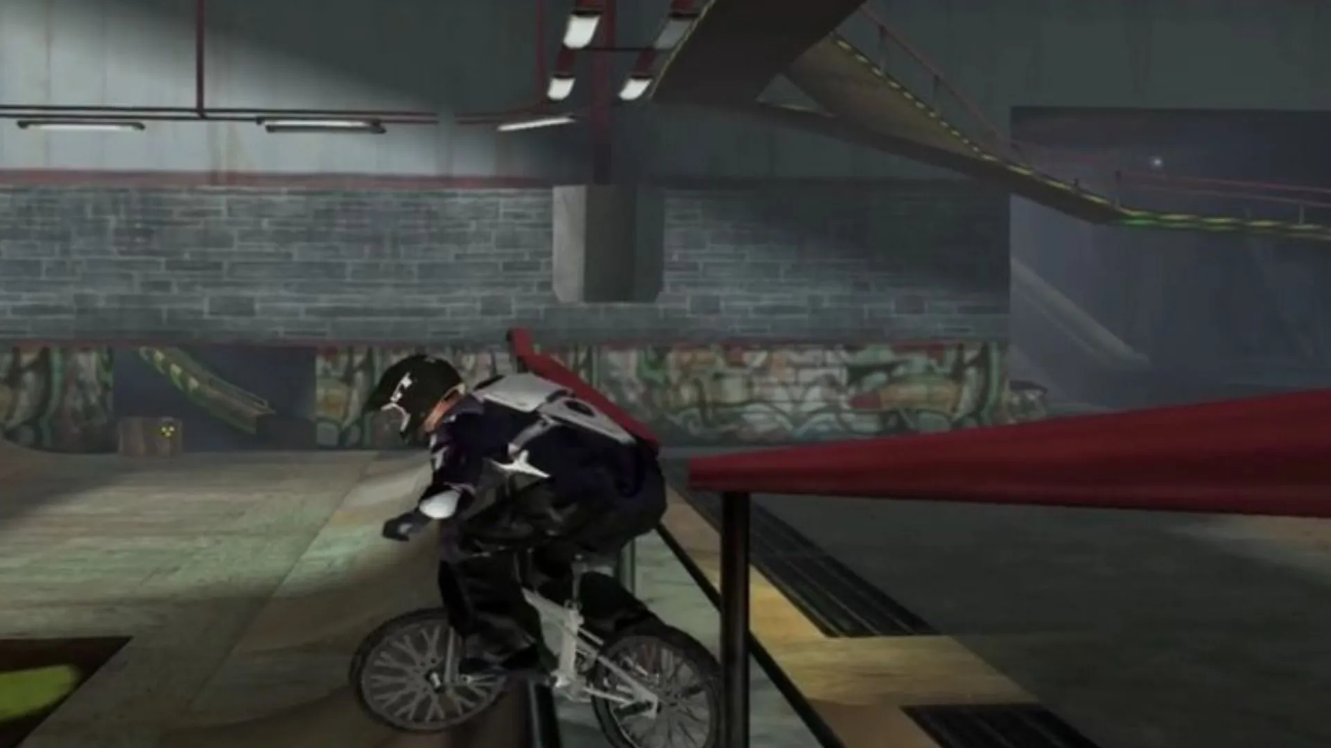 Ảnh Gravity Games Bike: Street, Vert, Dirt, cảnh BMX với đồ họa mờ và giao diện lỗi thời