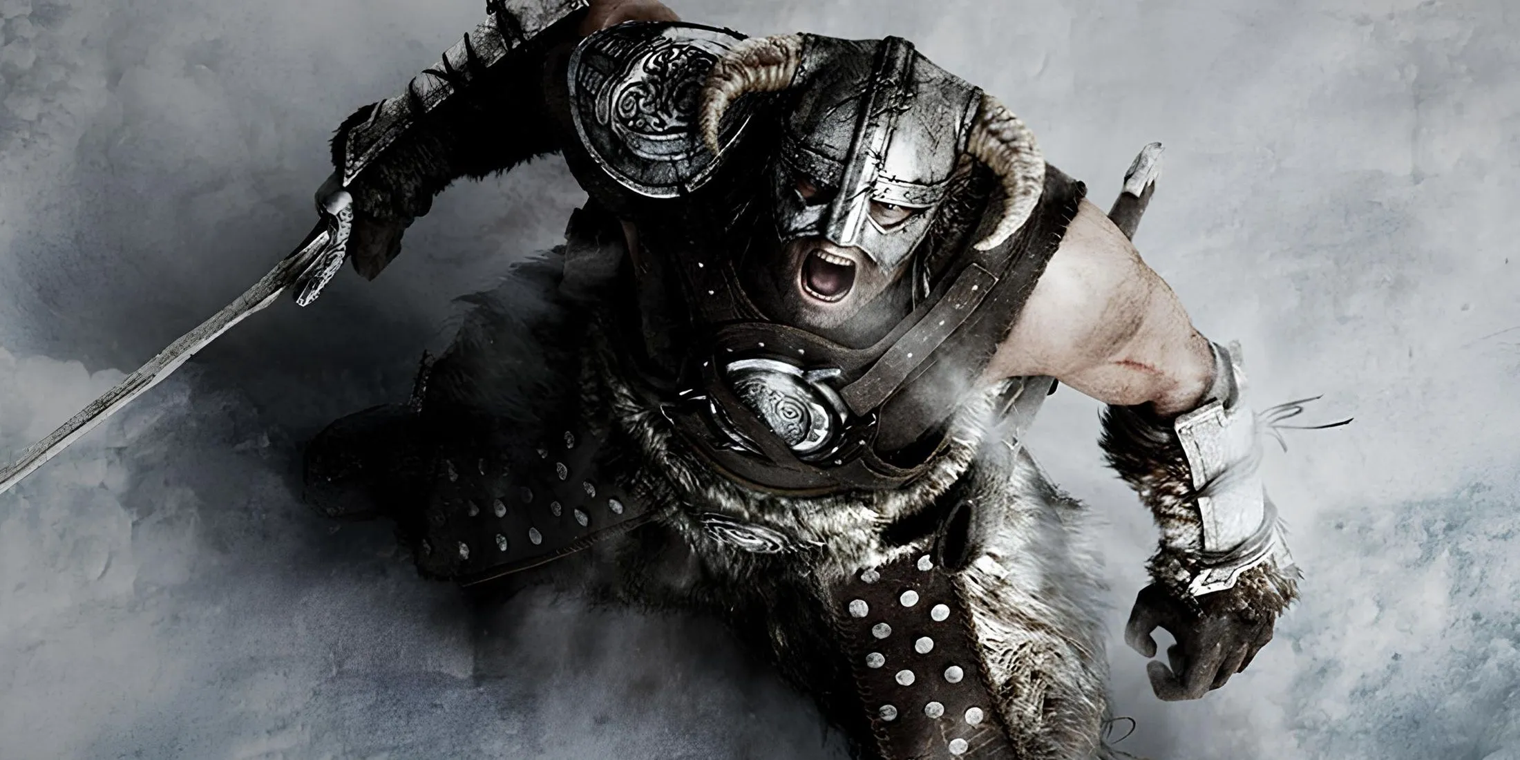 Ảnh in-game Skyrim: Dragonborn đứng trên sườn núi, tượng trưng cho thế giới mở và săn rồng