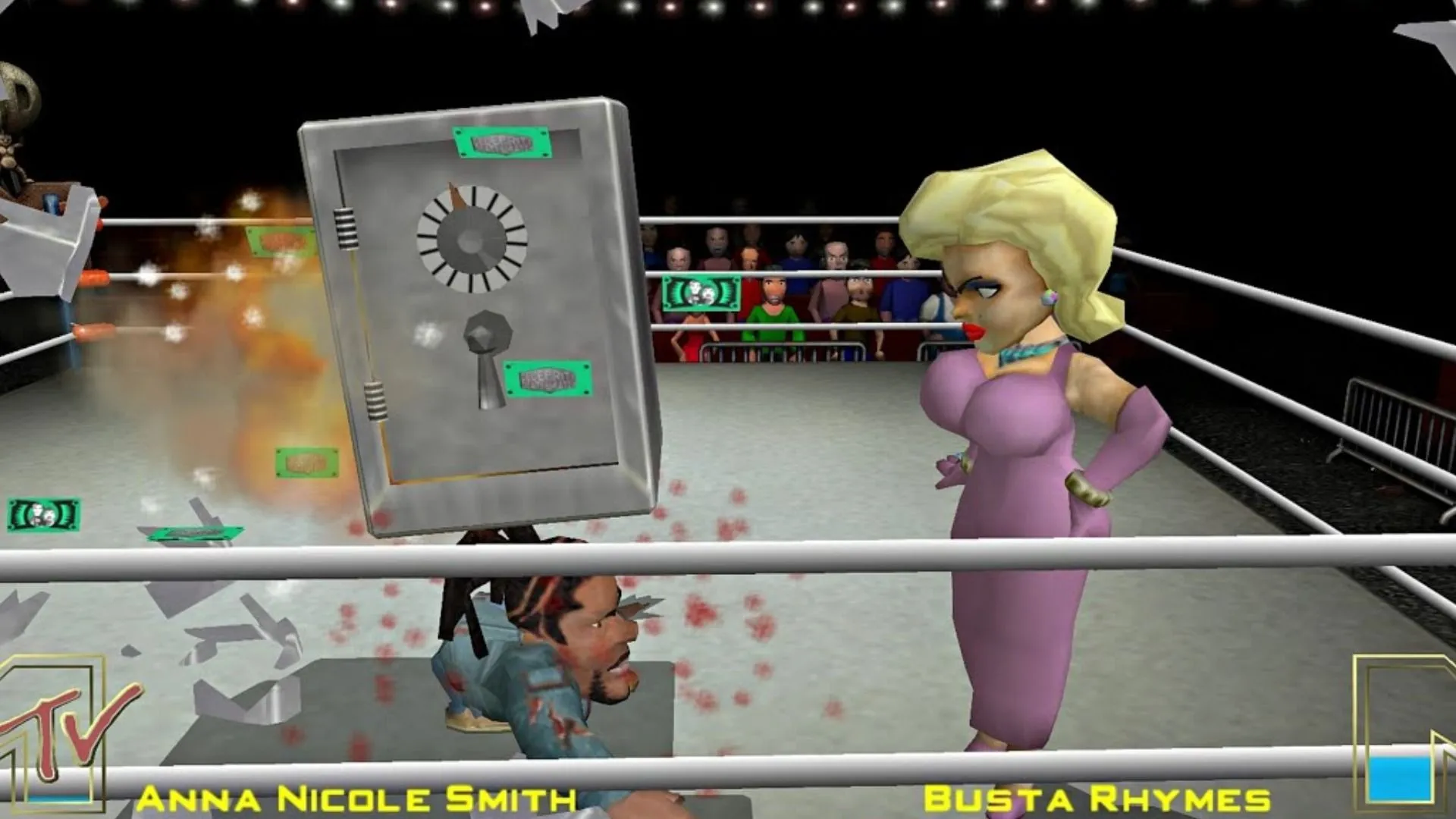 Ảnh MTV Celebrity Deathmatch, phong cách claymation với 2 nhân vật đấu nhau trên sàn đấu