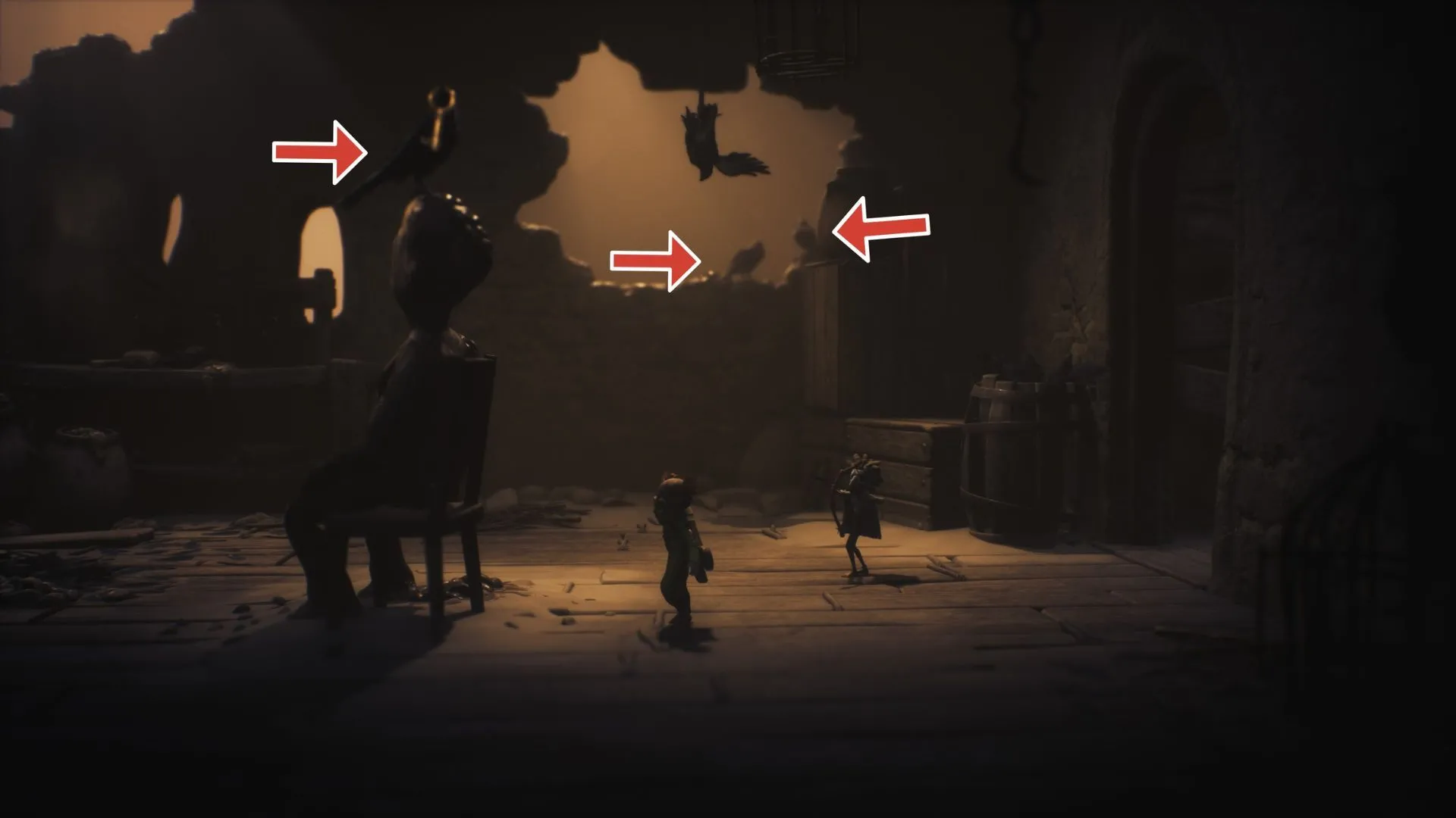 Ba quạ tập trung trong cùng một phòng có ghế lớn và lỗ tường Little Nightmares 3