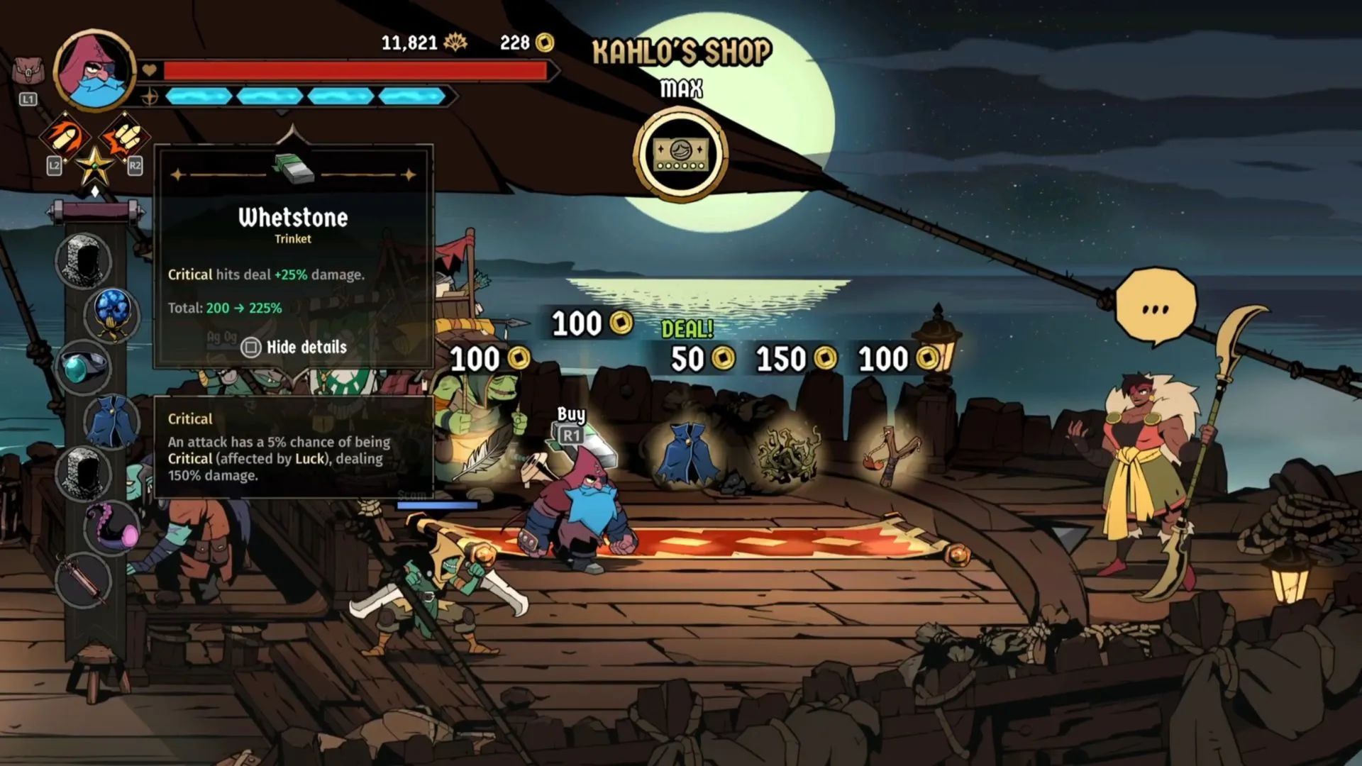 Bộ trinket cho Karl: Tongue Charm, Shield và Whetstone tối ưu hoá Crit và Punish
