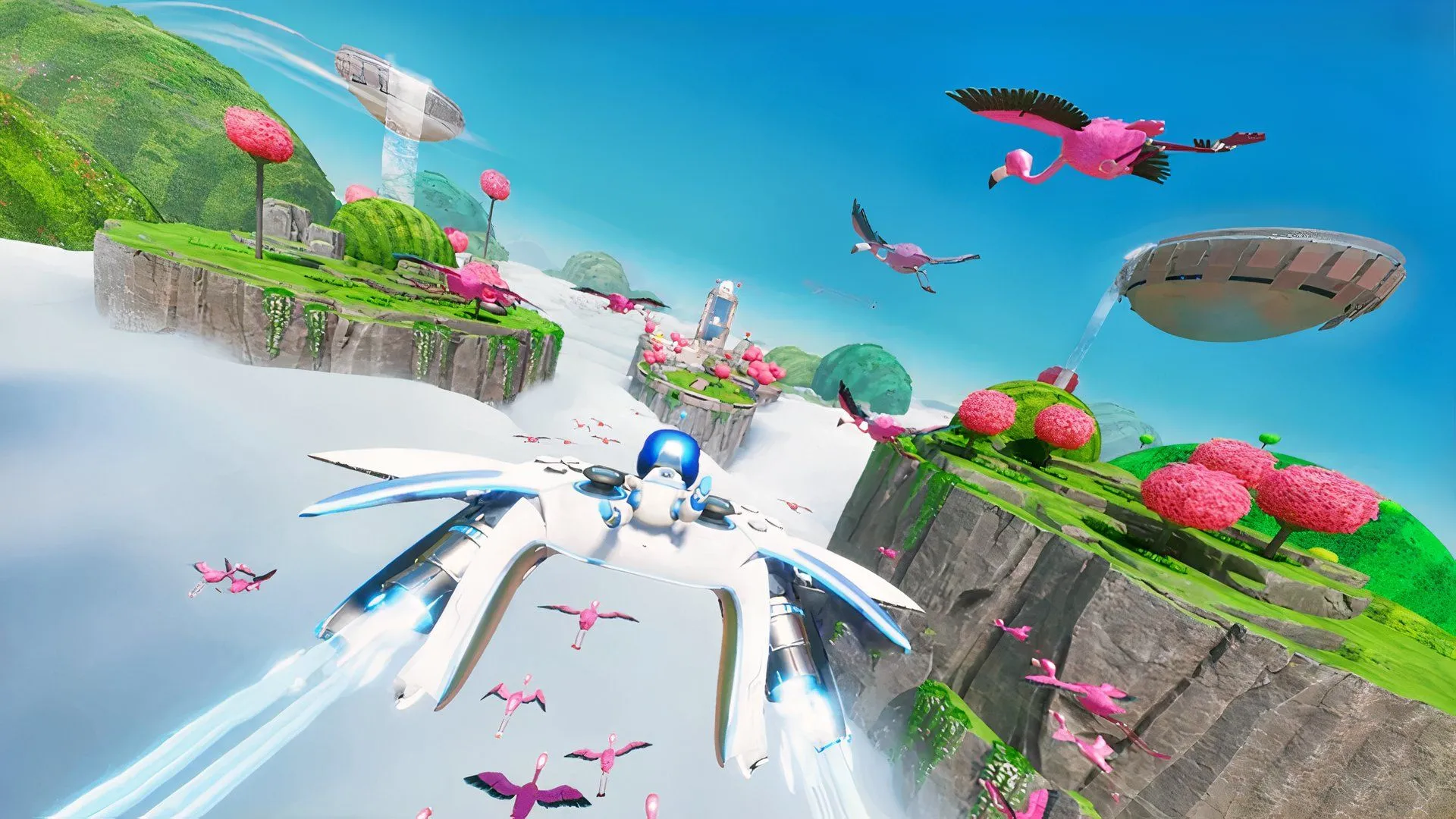 Cảnh bay với hồng hạc trong Astro Bot, minh họa thiết kế màu sắc và gameplay platforming