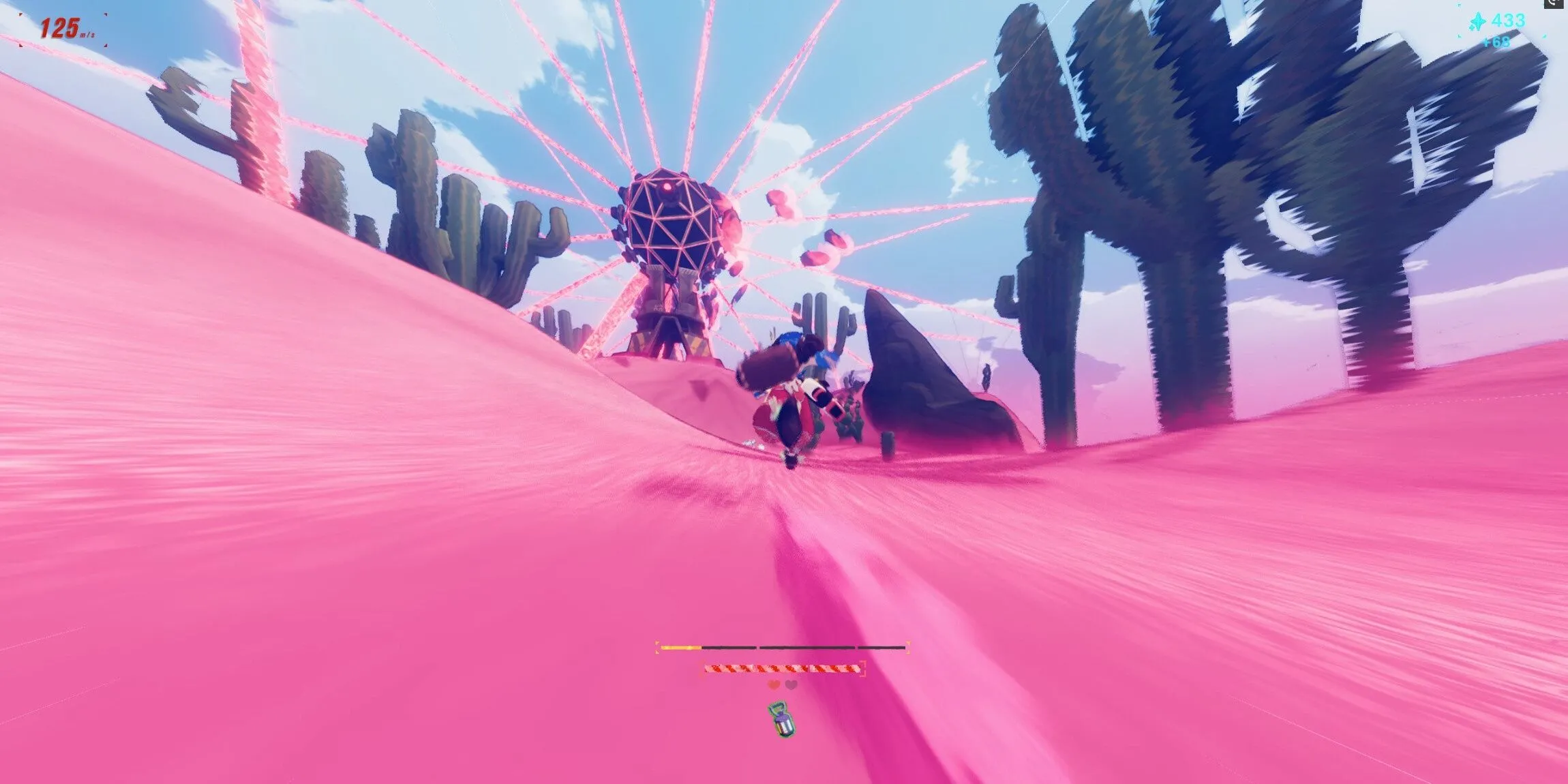 Cảnh chạy qua sa mạc trong Haste, nhấn mạnh tốc độ và thiết kế đường chạy