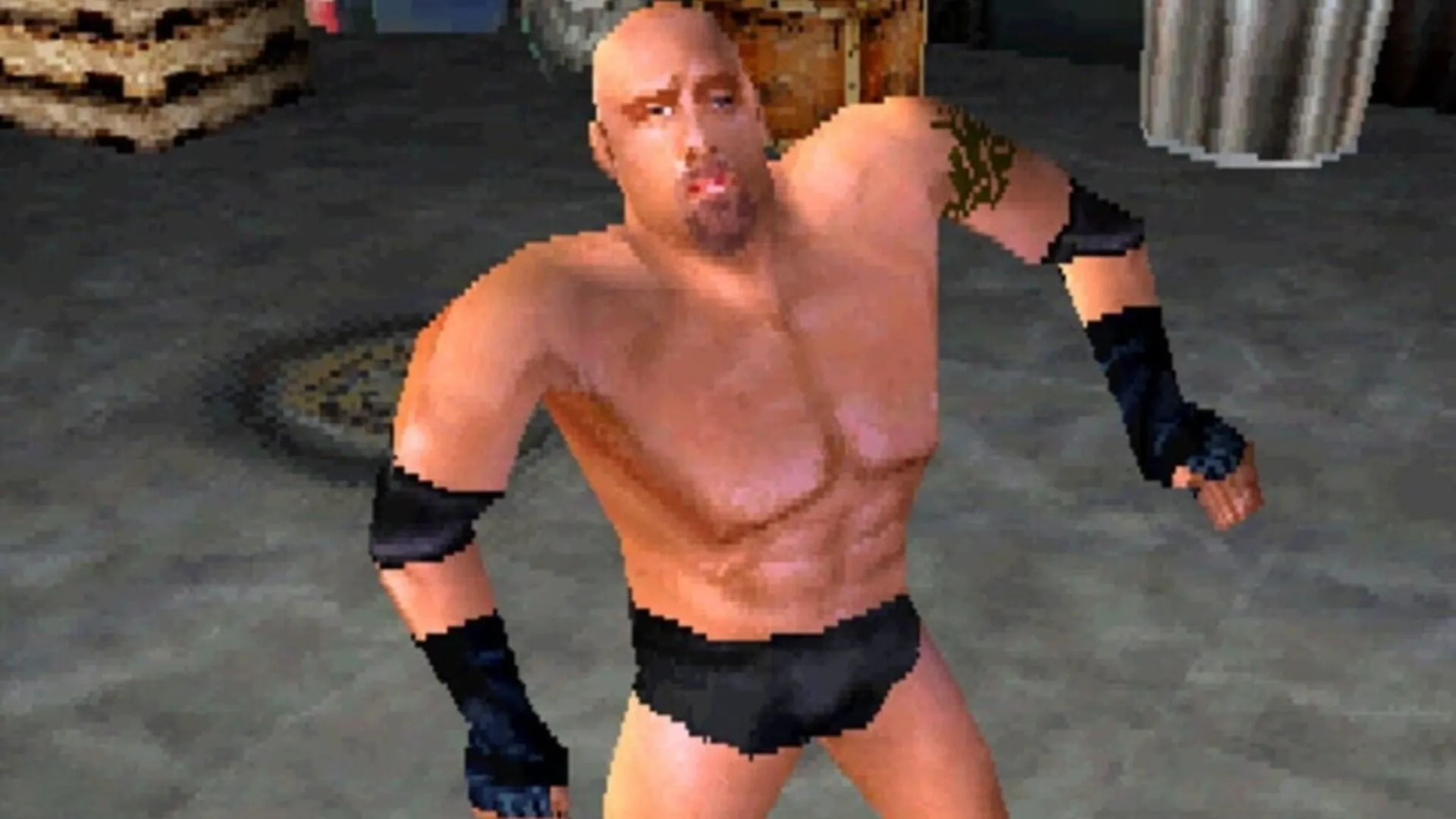 Cảnh hậu trường hỗn loạn trong WCW Backstage Assault với nhiều đối tượng tương tác và thiết kế môi trường kém