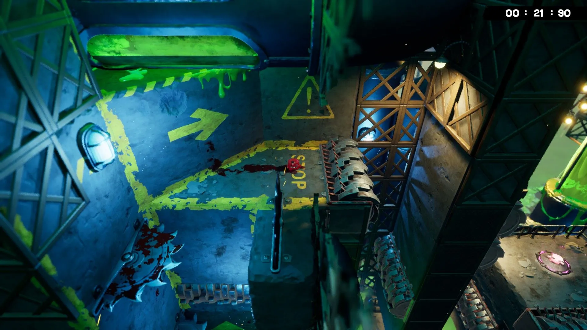 Giao diện menu và nét đồ họa hoạt họa của Super Meat Boy 3D, nhấn nhá âm thanh metal + synth