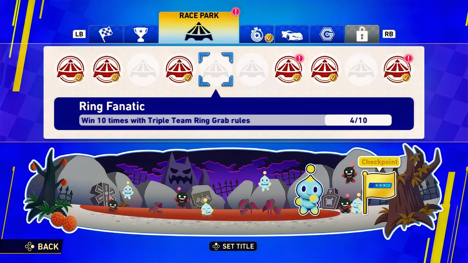 Giao diện Race Park Challenges và banner Sonic Racing CrossWorlds