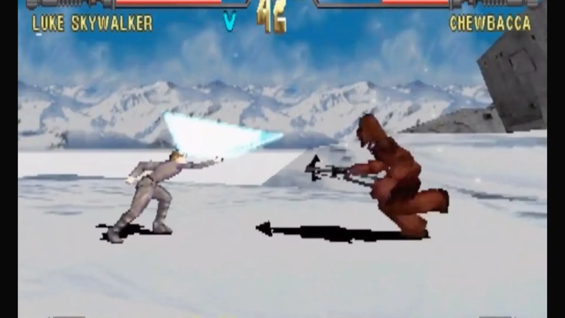 Hình cảnh chiến đấu Star Wars: Masters of Teras Kasi với nhân vật cầm lightsaber vật lý trong giao diện PS1