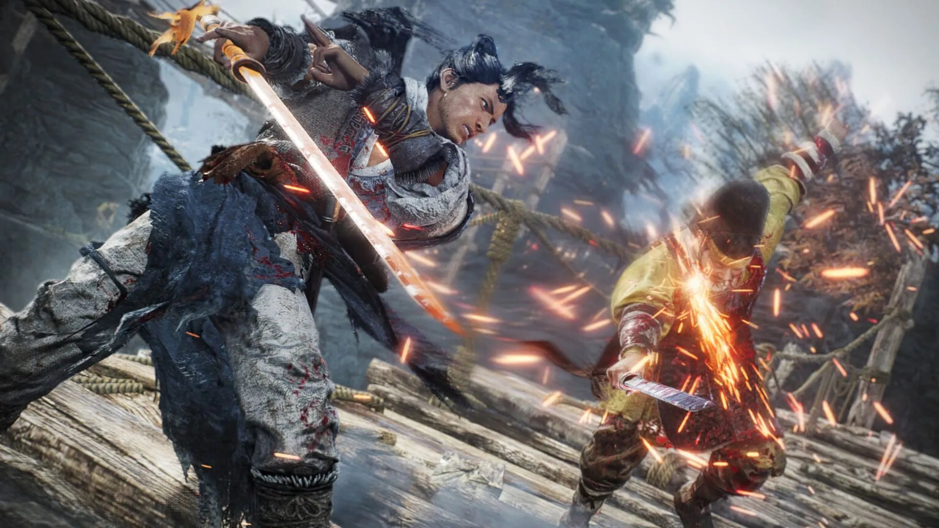 Hình chụp trận chiến trong Wo Long: Fallen Dynasty, ánh chớp chiến đấu căng thẳng giữa người chơi và kẻ địch lớn